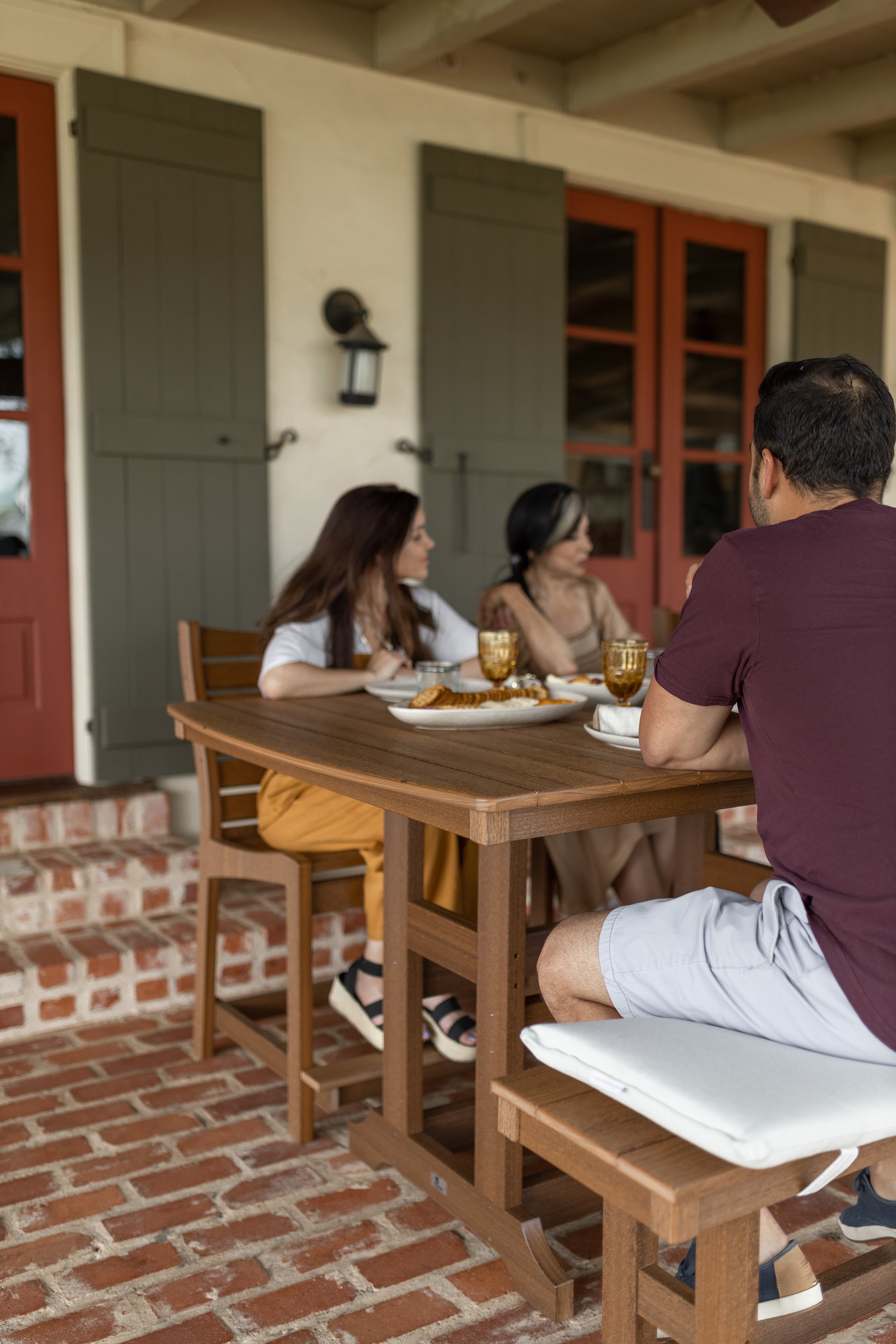 Garden Classic 44” x 96” Rectangular Counter Table in Antique Mahogany. Paired with a Garden Classic 44” Bench and Bristol Counter Chairs in Antique Mahogany.jpg
