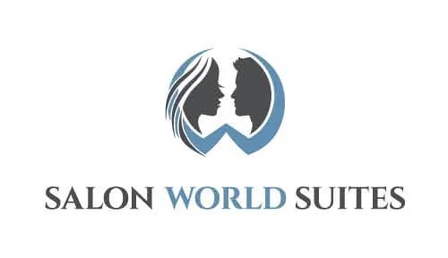 Logo for Salon World Suites featuring stylized silhouettes of a woman and a man facing each other inside a circle.