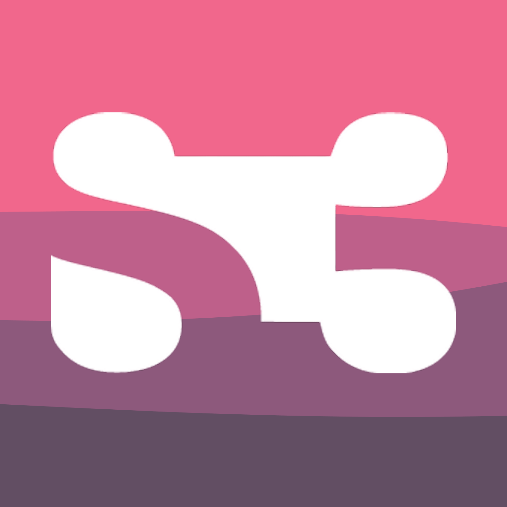 Abstract image with large white shape resembling a stylized letter 'S' or a dog, set against horizontal stripes in pink, purple, and lavender.