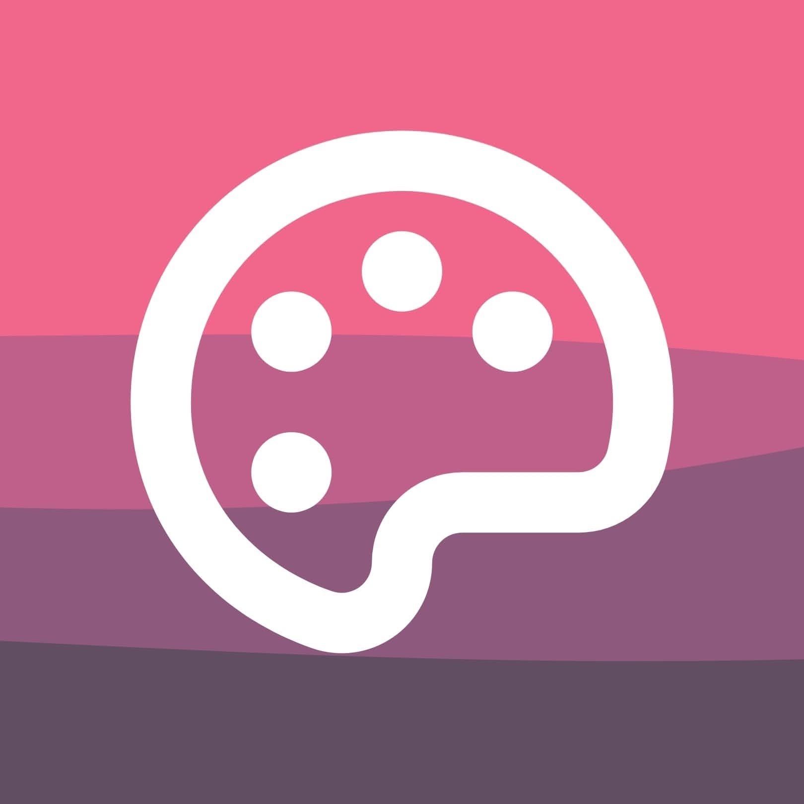 A stylized paint palette with five dots representing colors, set against a pink and purple gradient background.