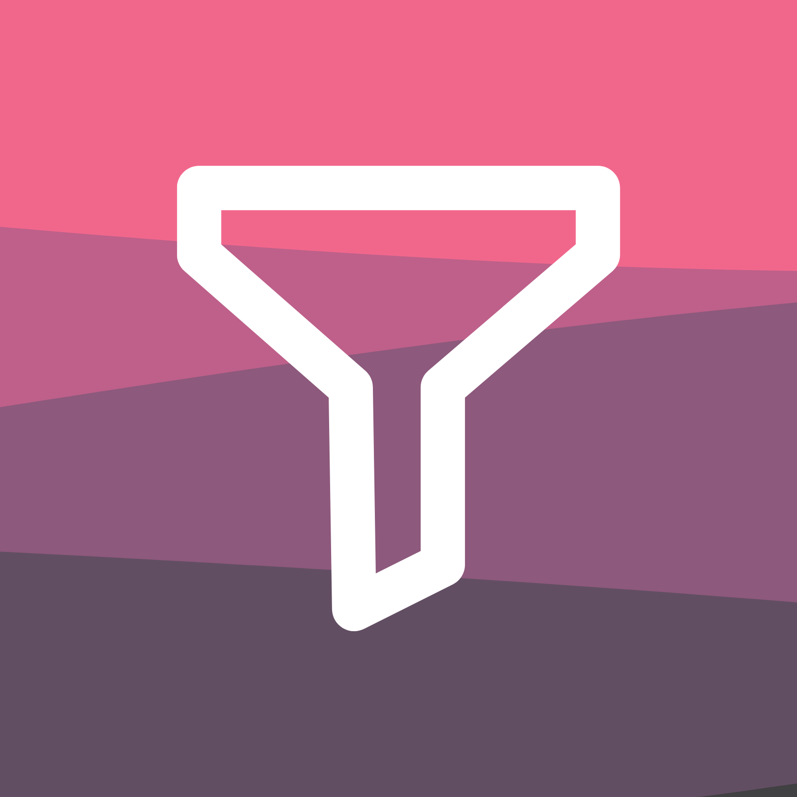 Funnel icon over a pink, purple, and lavender horizontally striped background.