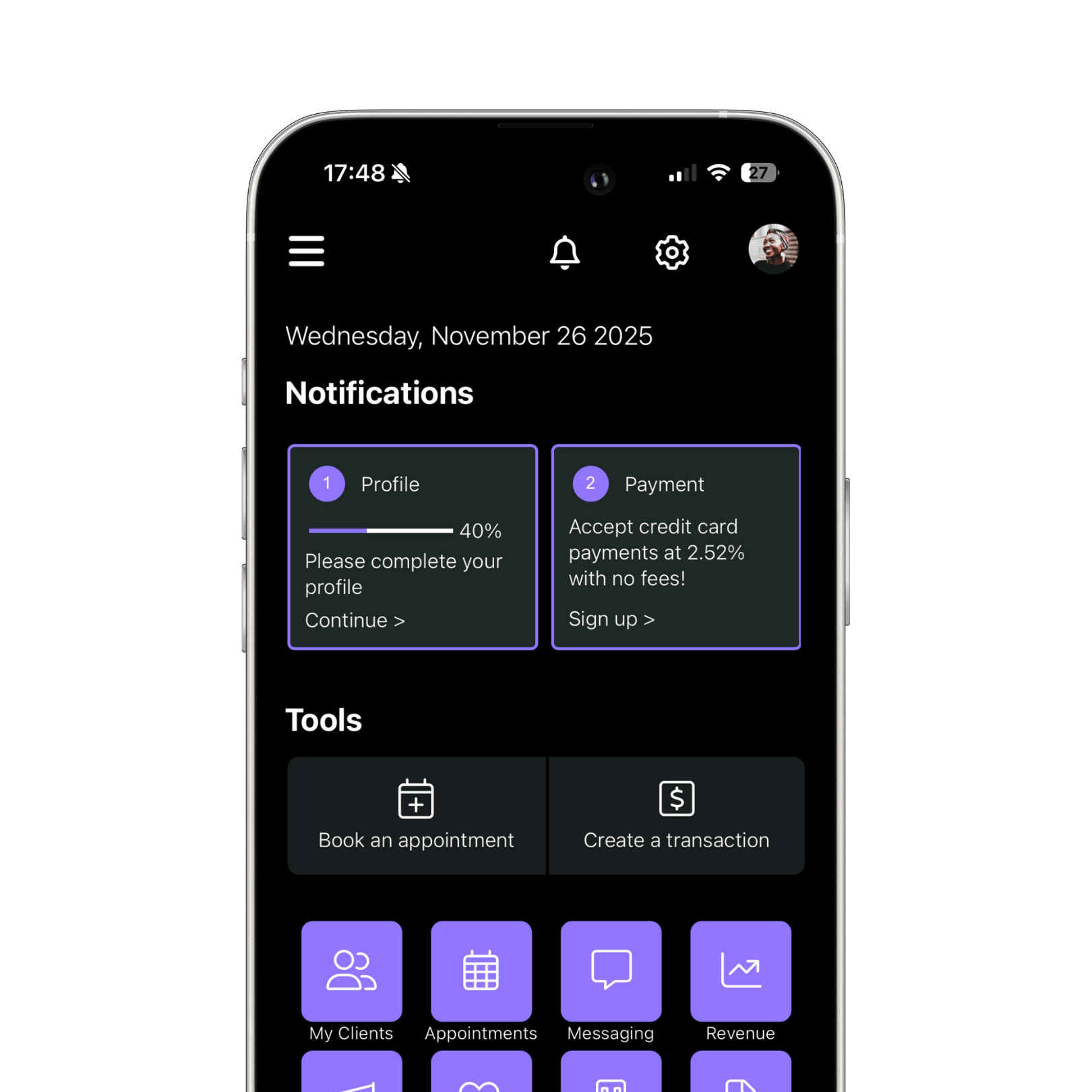 Screenshot of a mobile app interface with notification and tool sections on a black background, showing profile progress and payment info, along with options for booking appointments and managing transactions.