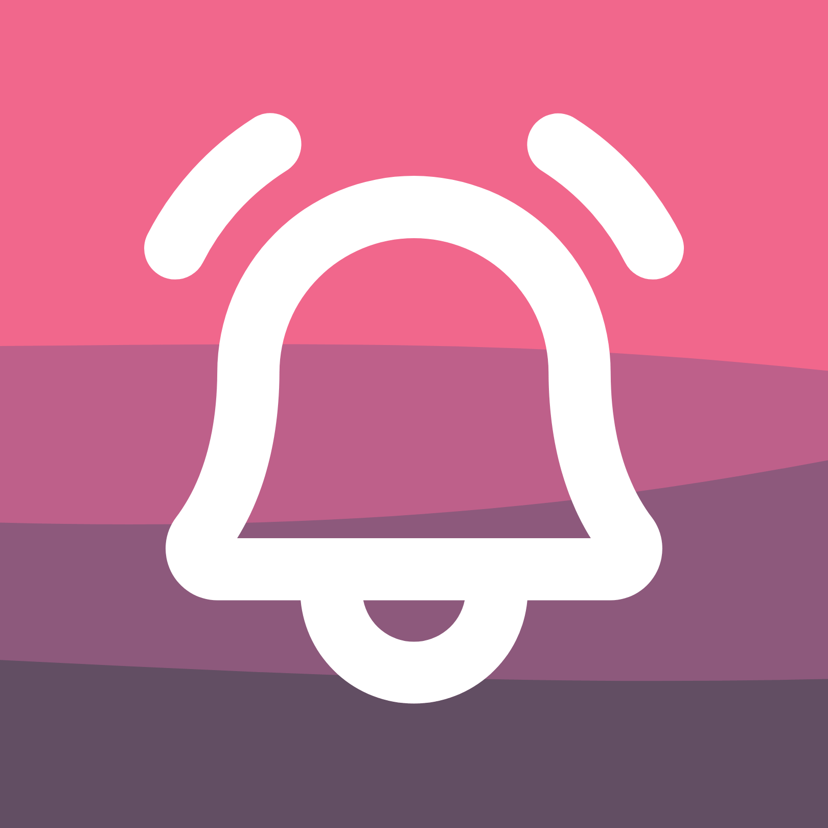 White outline of a bell with two curved lines above it against a pink, purple, and gray striped background.