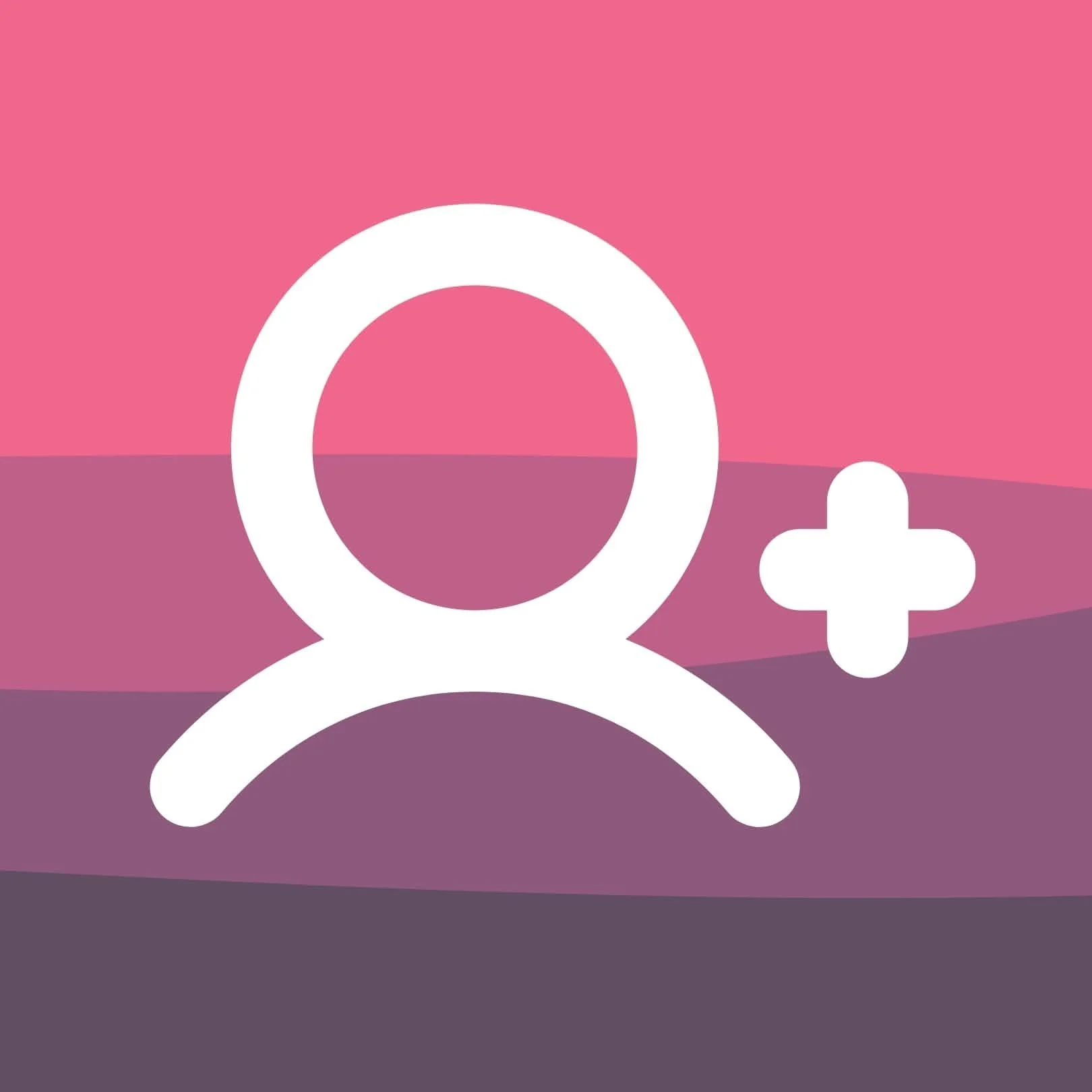 Icon of a person with a plus sign on a pink and purple background.