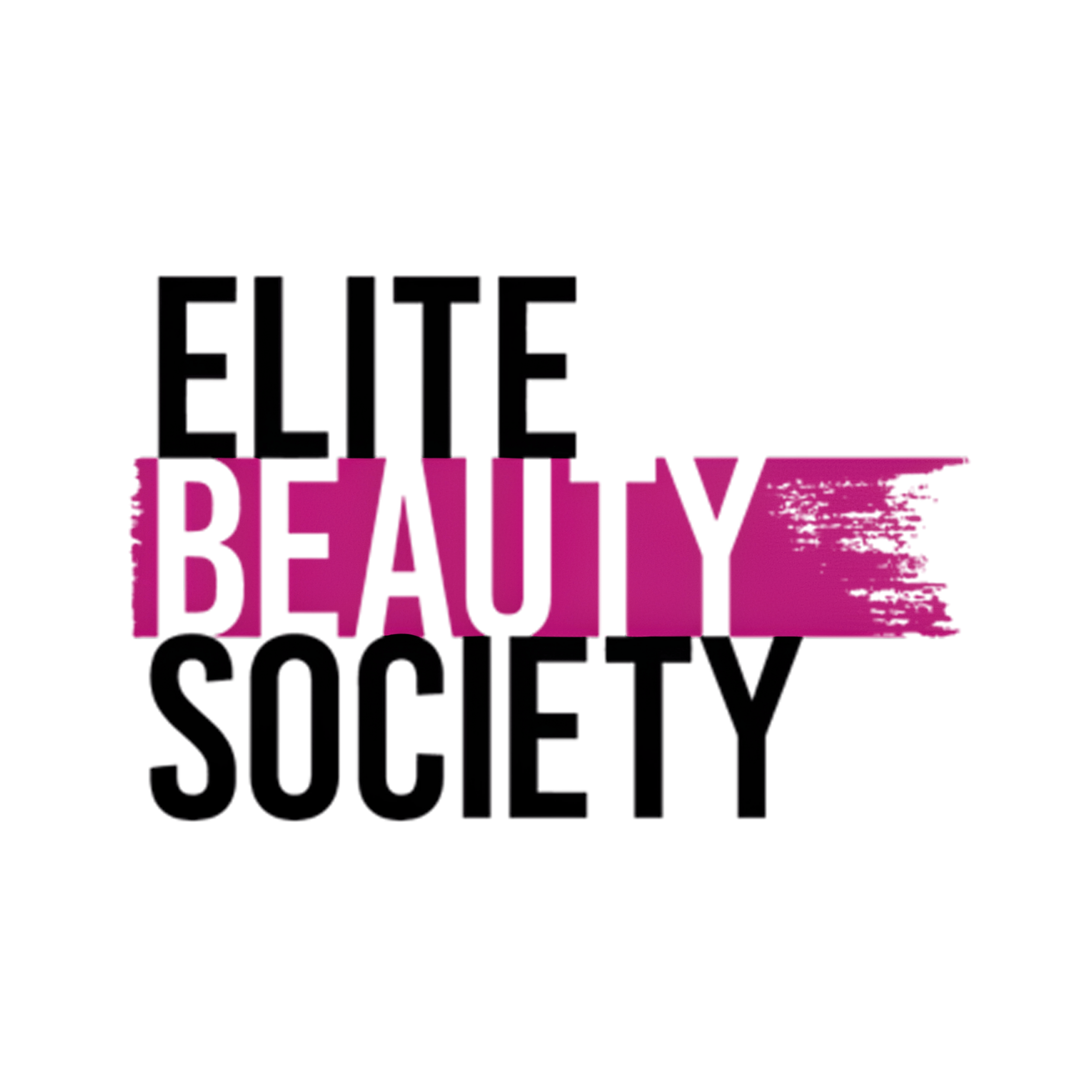 Logo of the Elite Beauty Society with a pink paint stroke background.