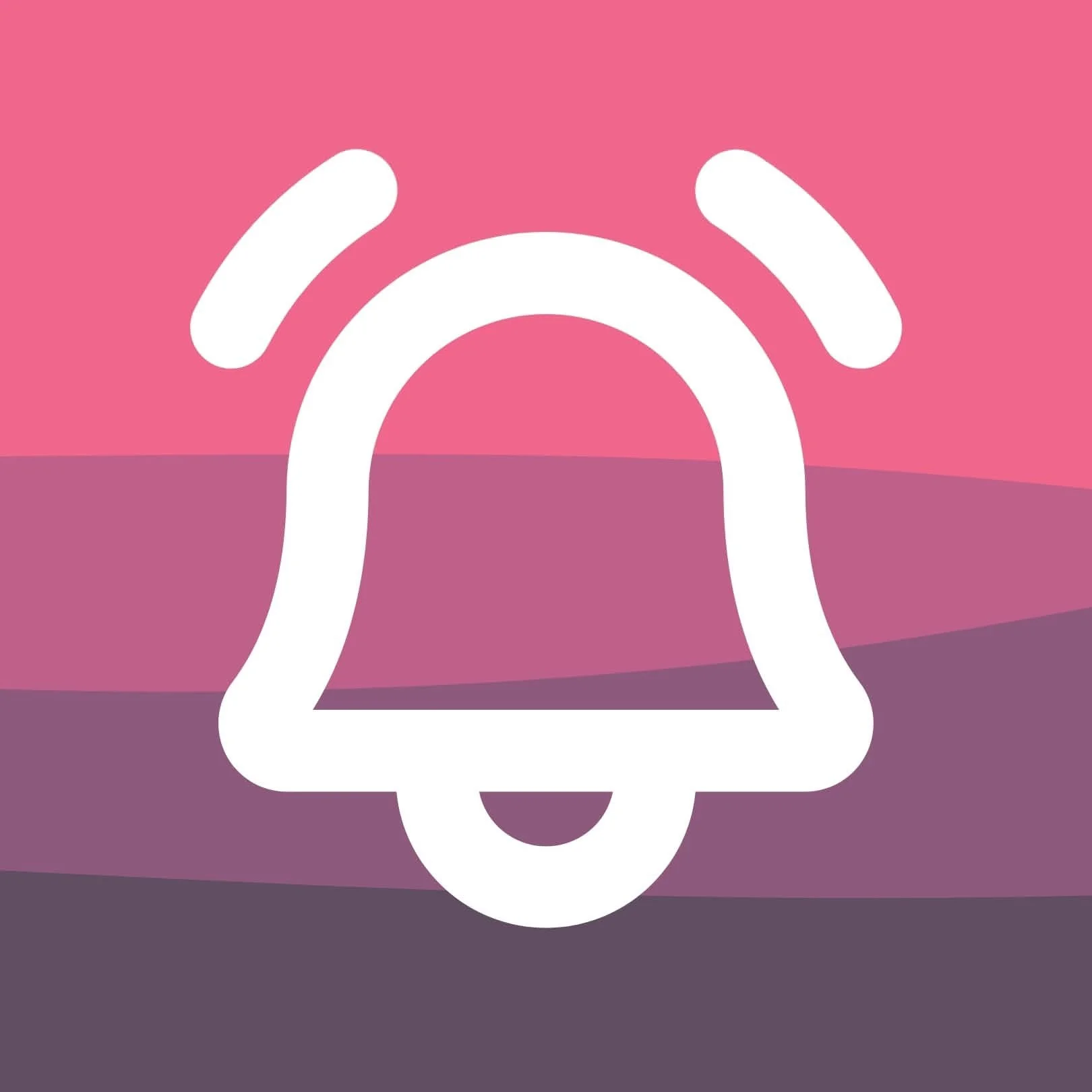 White outline of a bell with two curved lines above it against a pink, purple, and gray striped background.