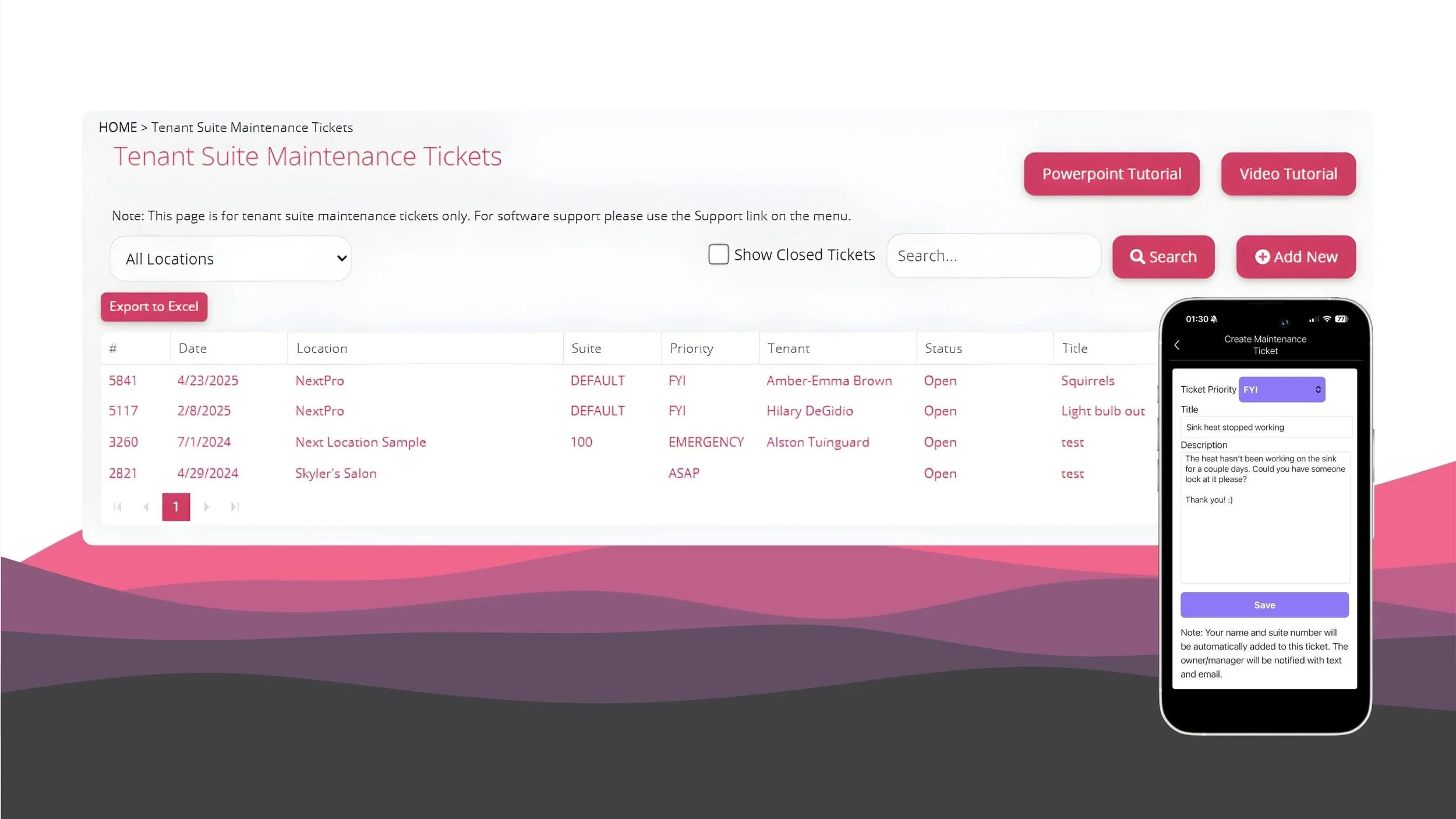 Screenshot of a tenant suite maintenance ticket management webpage with a mobile app interface on the right showing a form to create a maintenance ticket.