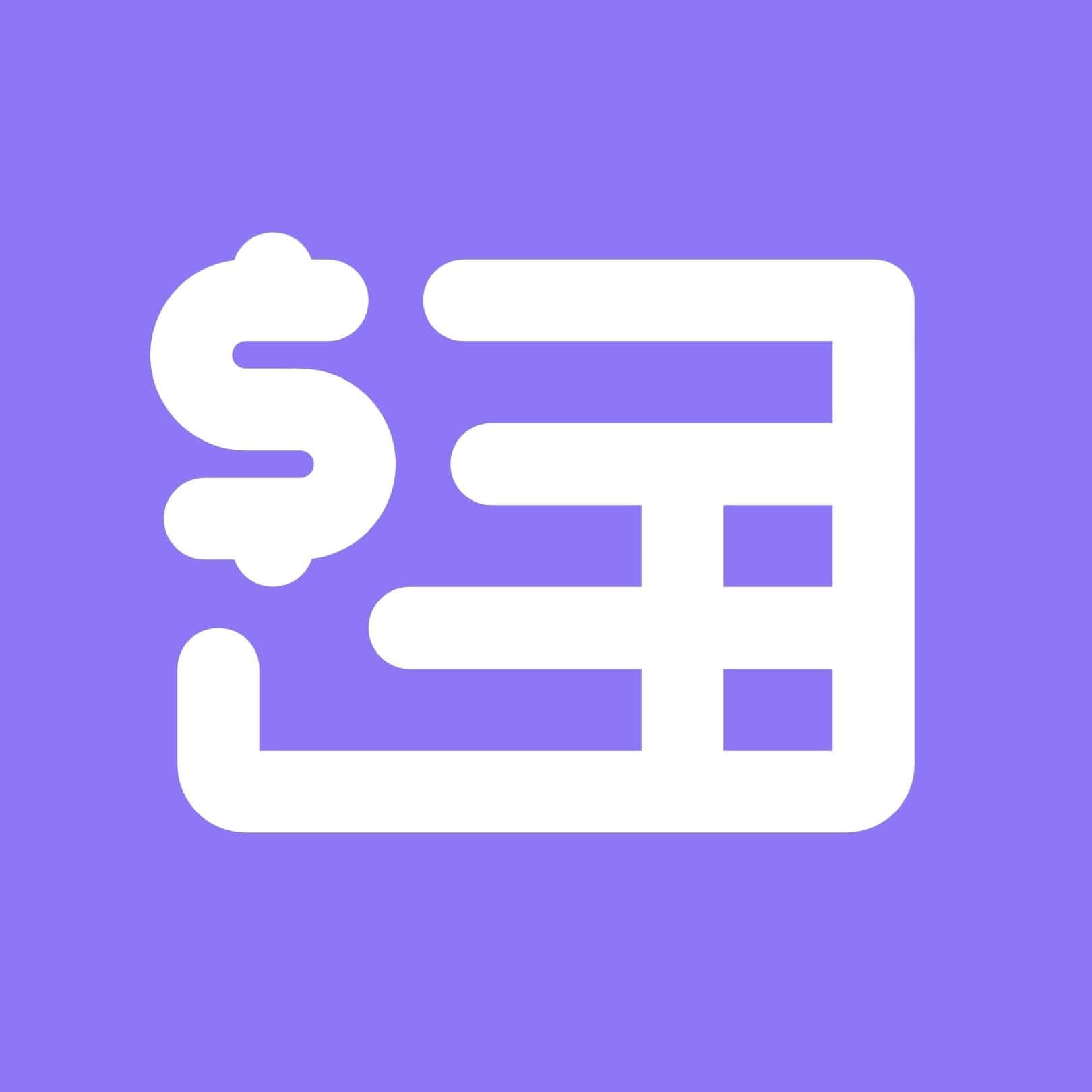 White illustration of a dollar sign, banknotes, and a chart on a purple background.