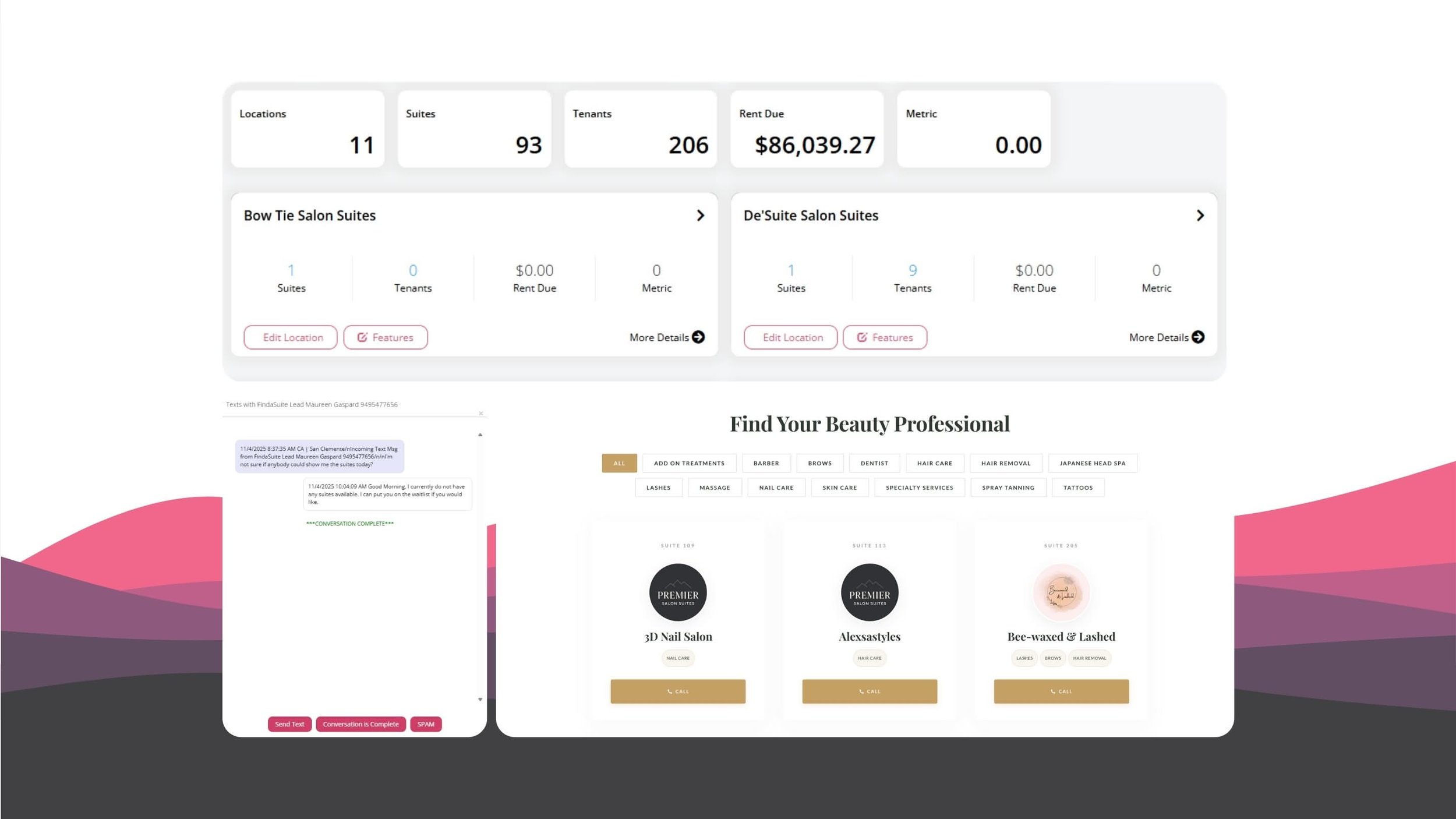 A digital property management dashboard displaying metrics such as total locations, suites, tenants, rent due amount, and metric. It has sections for Bow Tie Salon Suites and De'Suite Salon Suites, with options to edit locations and features. The bottom part shows a section for finding beauty professionals, listing salons like 3D Nail Salon, Alexsastyles, and Bee-waxed & Lashed, with contact buttons.