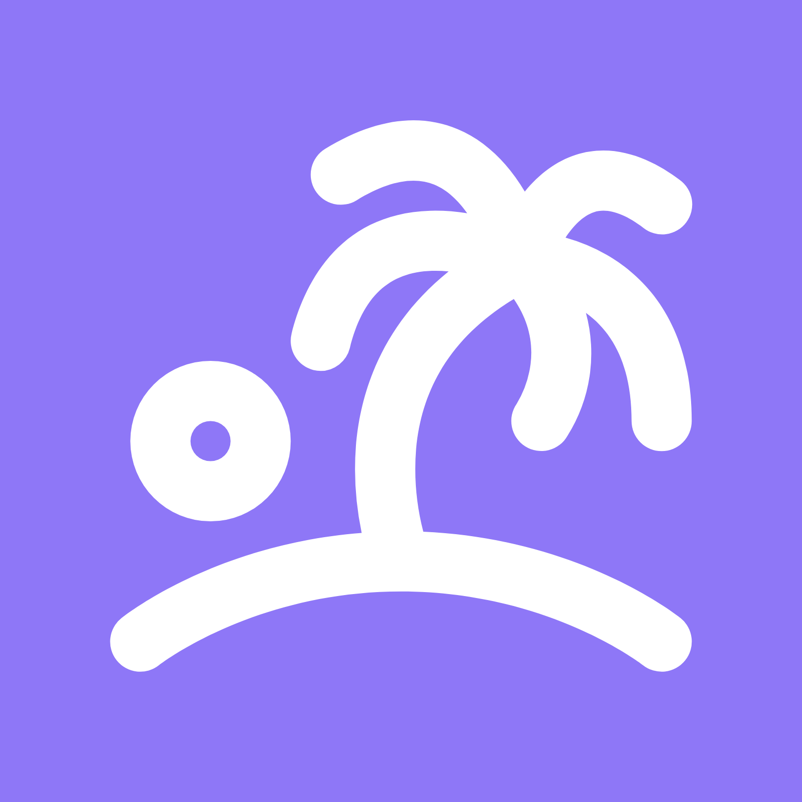 Simple white outline of a palm tree, a beach, and a sun on a purple background.
