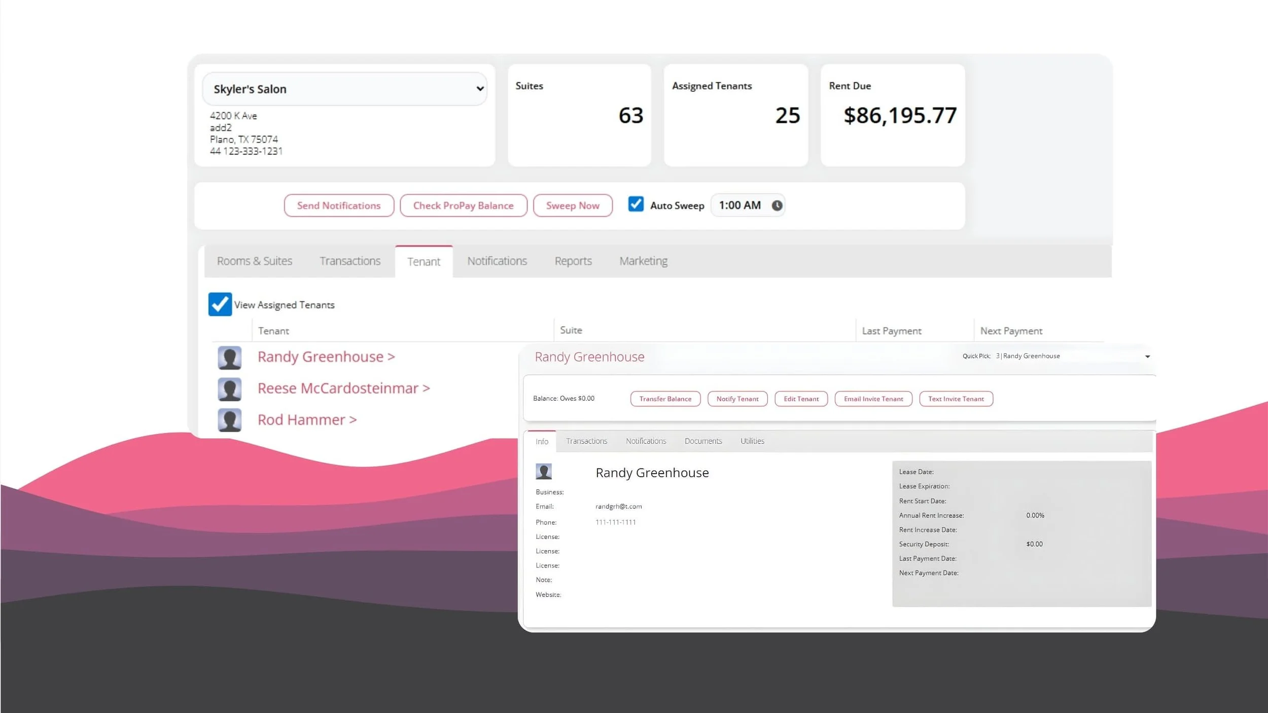 A property management dashboard showing details for Skyler's Salon, including address, contact, suite count, tenant information, and rent due, with various tabs and options for managing tenants and transactions.