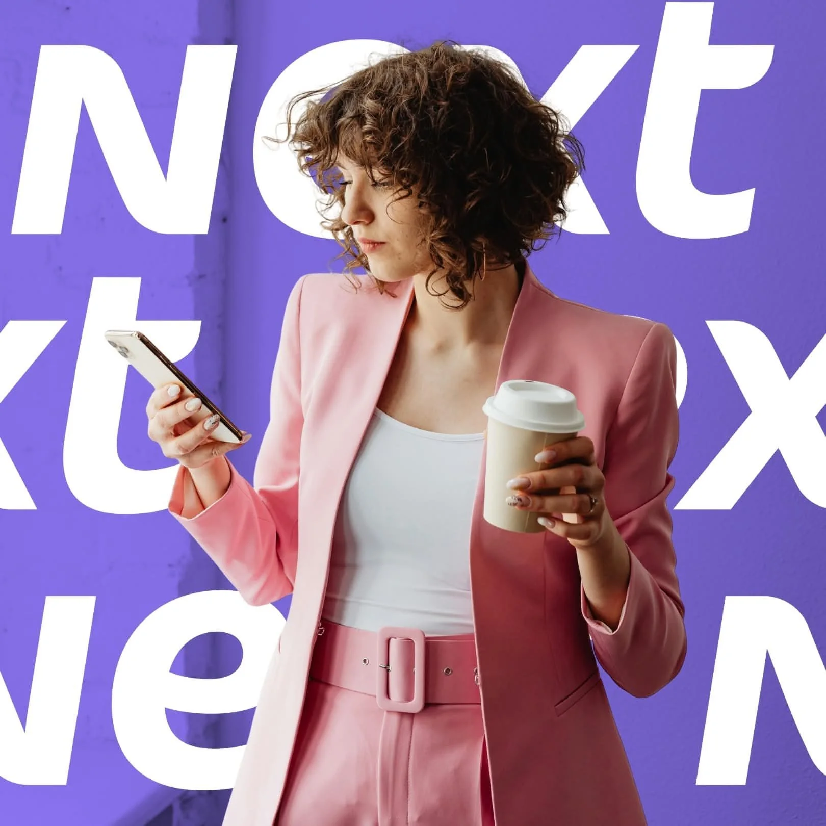 A woman with curly brown hair wearing a pink suit and white top holding a smartphone in one hand and a to-go coffee cup in the other, standing in front of a purple background with large white text.