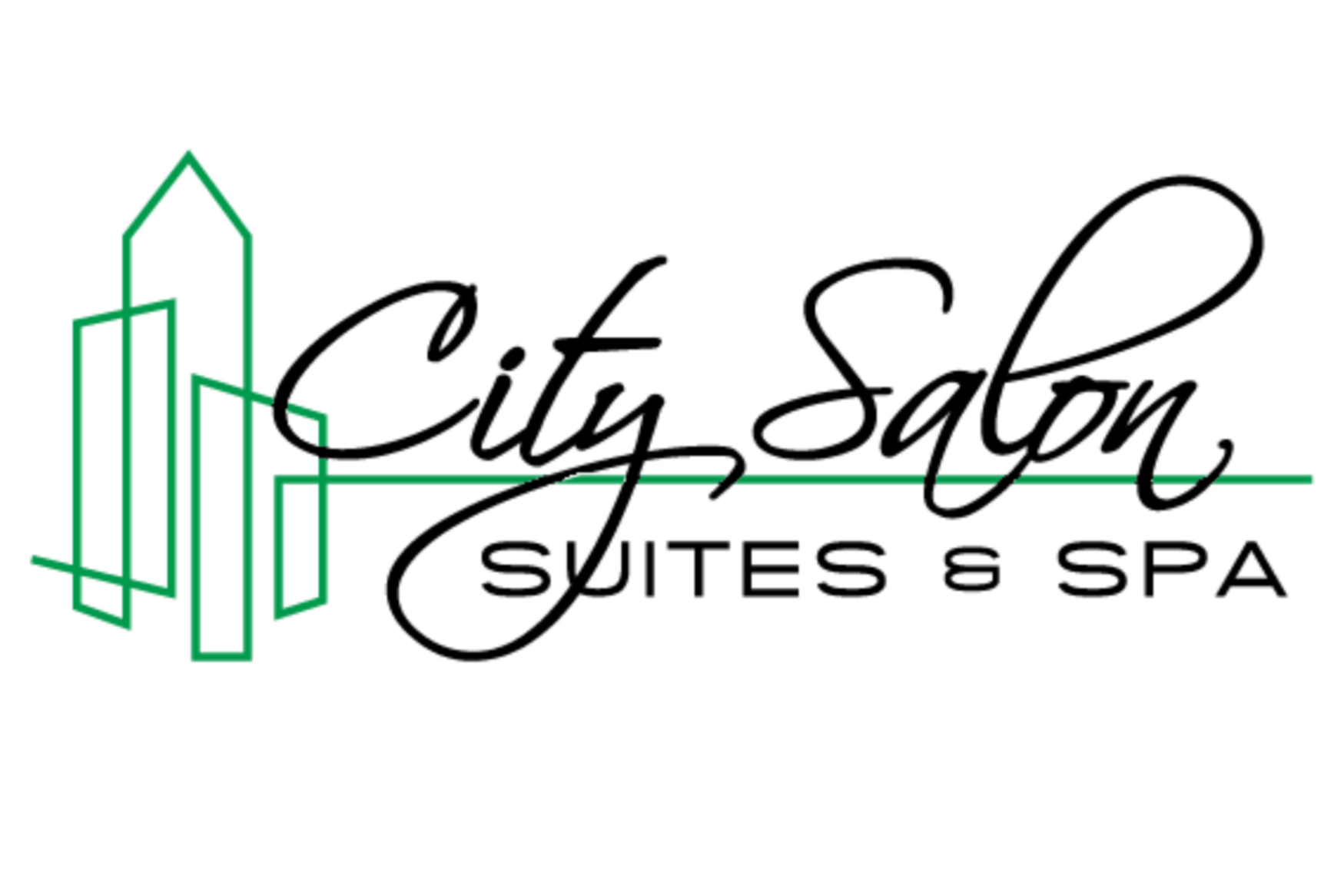 Logo for City Salon, a salon and spa, featuring a stylized cityscape with green and black elements and elegant cursive text.