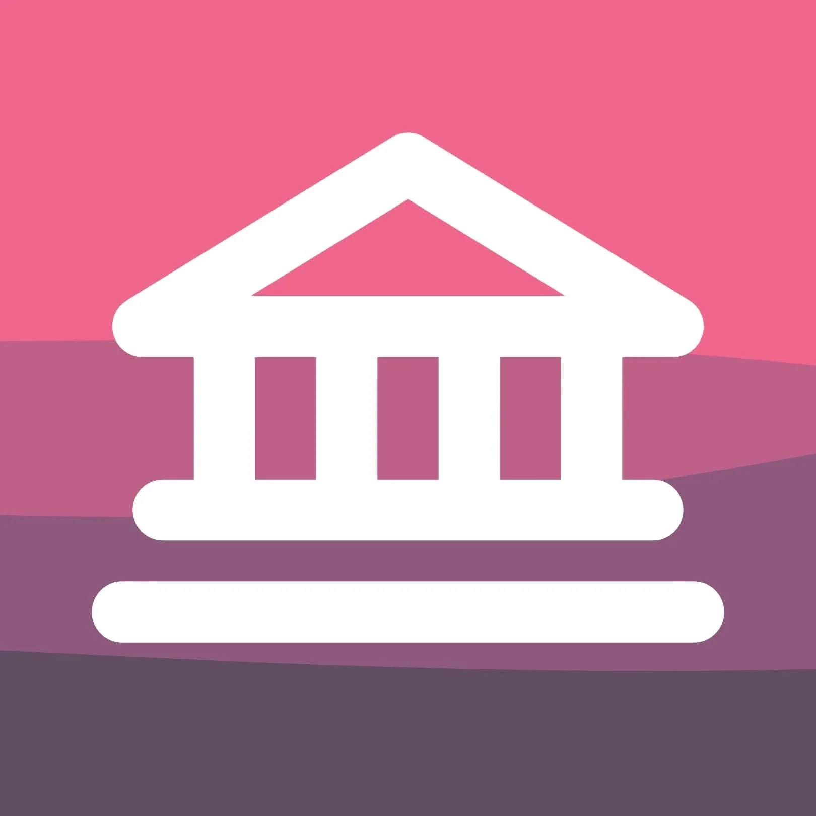 White icon of a bank building with columns on a gradient pink and purple background.