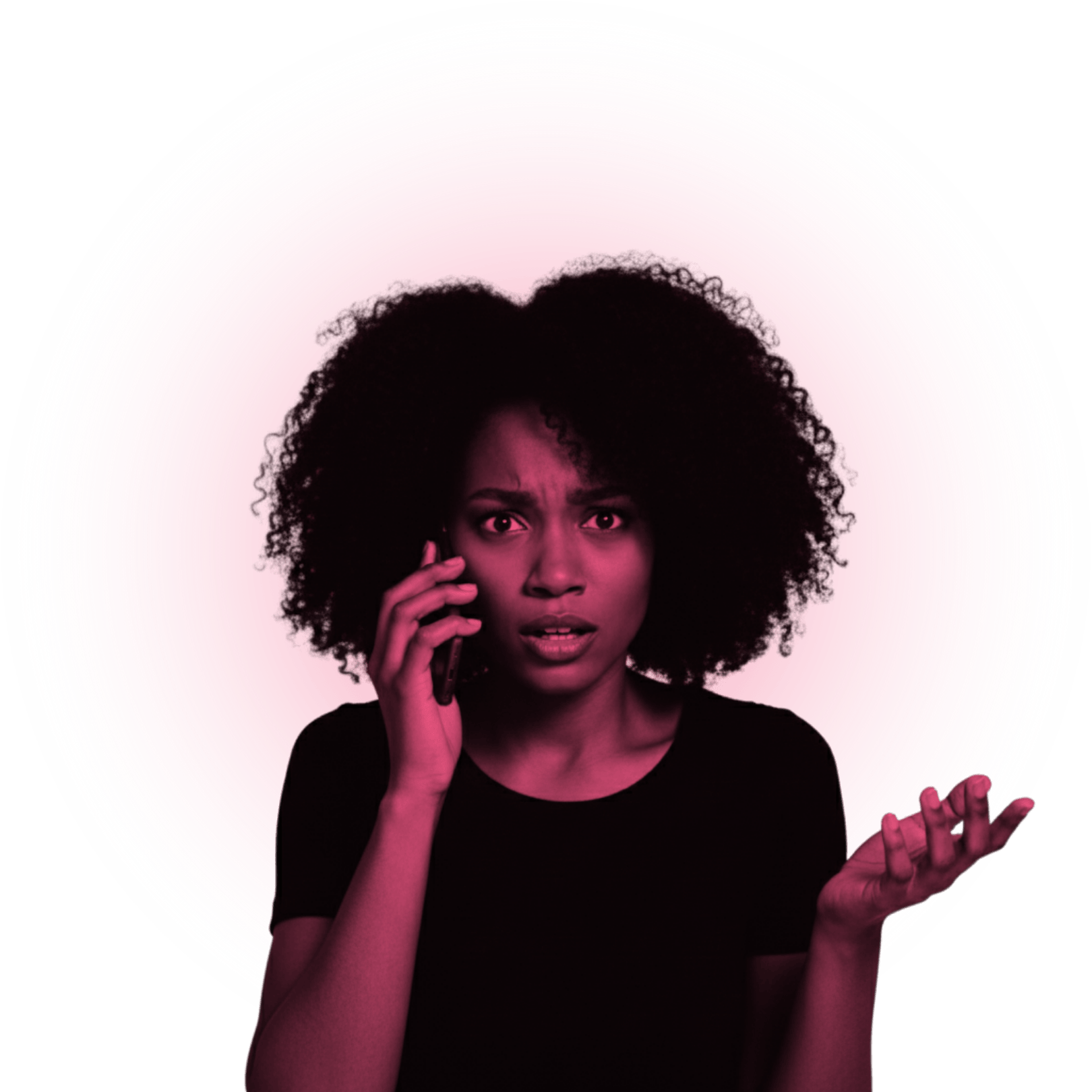 A woman with curly hair appears confused or surprised while talking on a cellphone against a pink and black background.