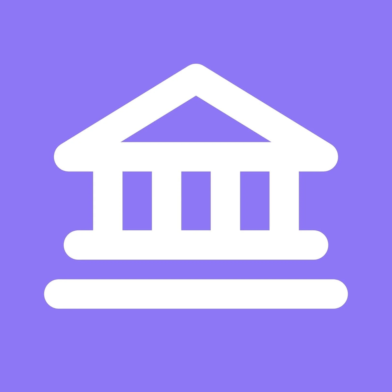 White icon of a bank building with purple background
