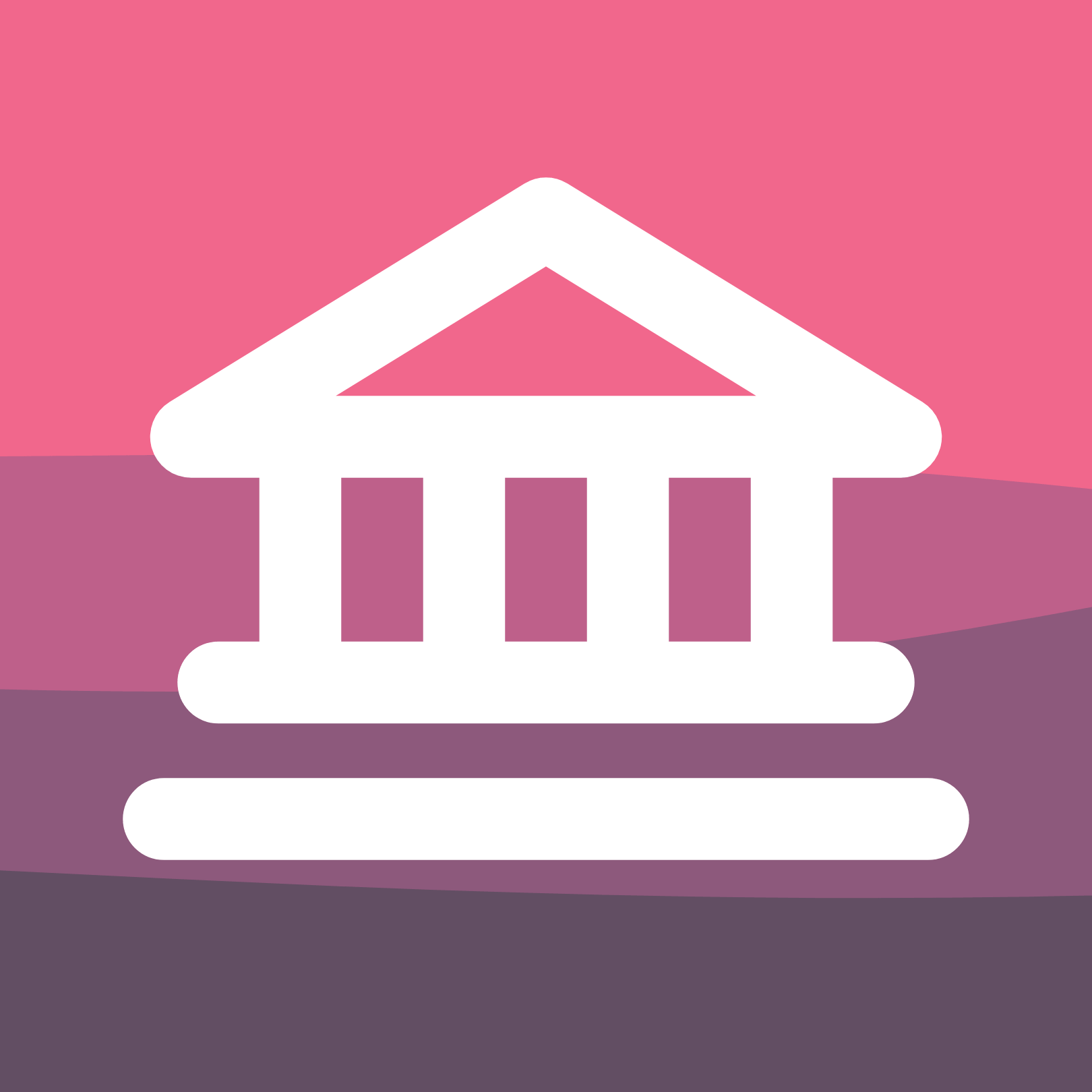 White icon of a bank building with columns on a gradient pink and purple background.