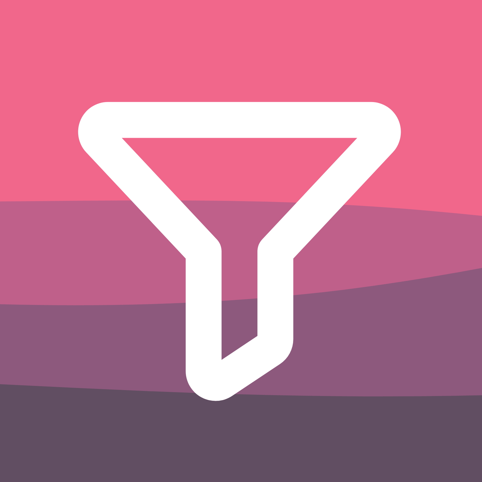 Funnel icon over a pink, purple, and lavender horizontally striped background.