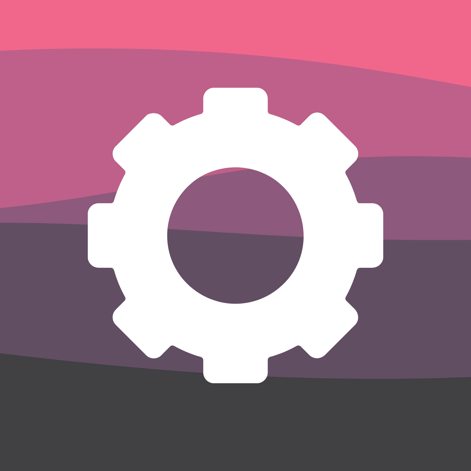 Abstract background with pink, purple, and black horizontal stripes, and a large white gear icon in the center.