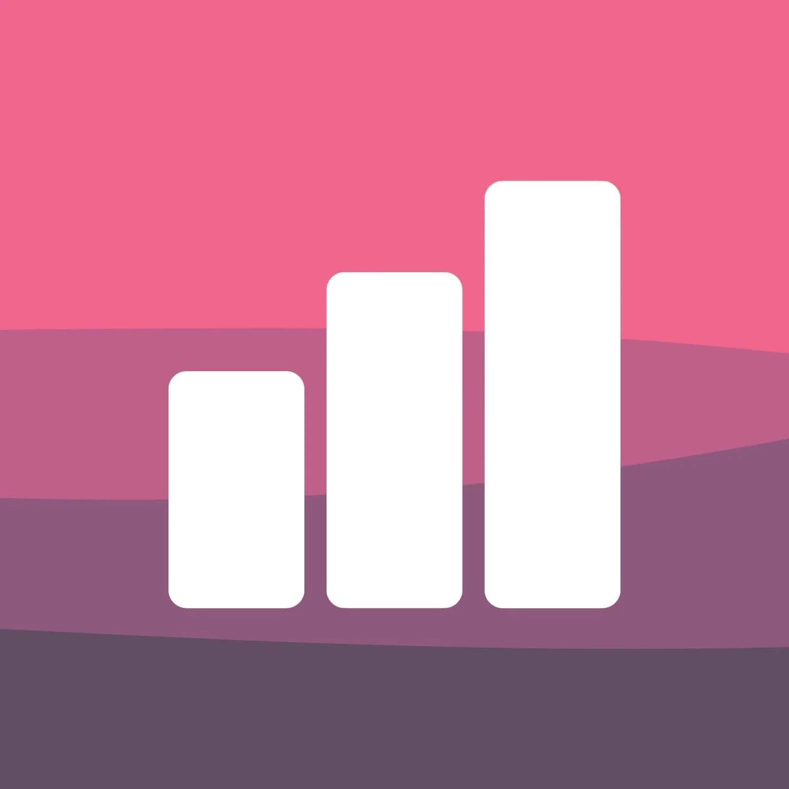 Abstract graphic of a white bar chart with three bars of increasing height against a pink and purple background.