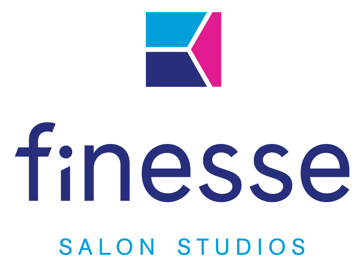Finesse Salon Studios logo with a stylized square design in blue, pink, and purple above the words "finesse" in large navy blue lowercase letters, and "SALON STUDIOS" in smaller blue uppercase letters below.