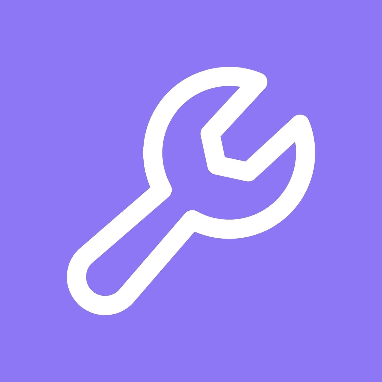 Outline of a wrench inside a circle on a purple background.