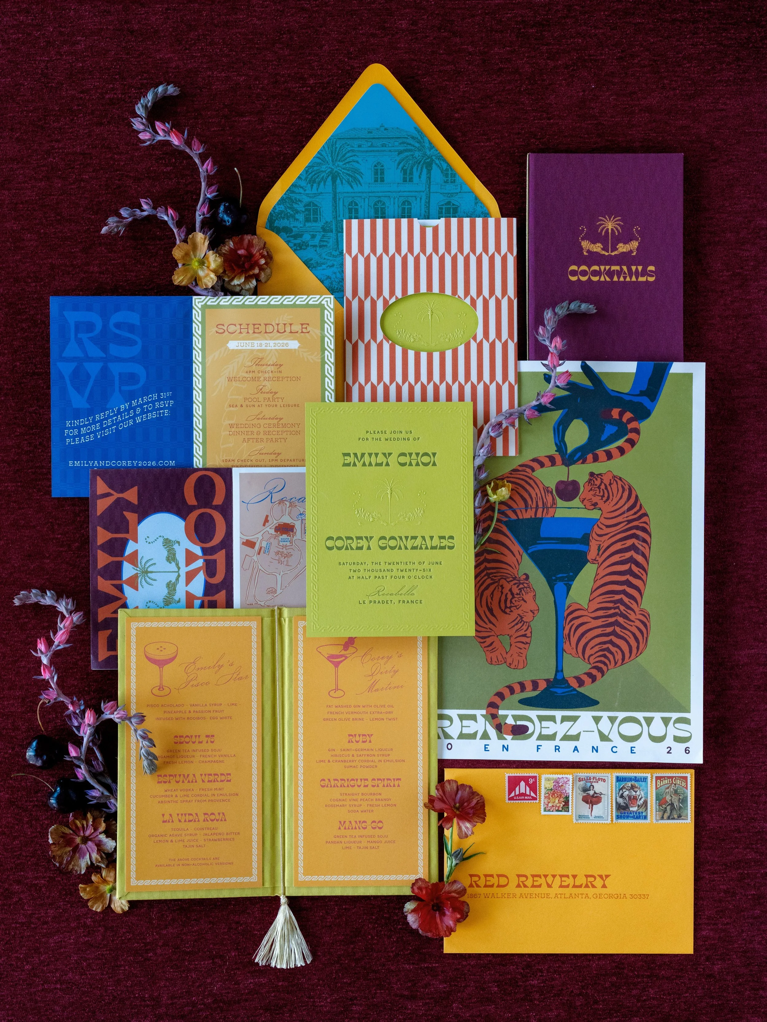 Despite the maximalist design, E+C&rsquo;s invite suite was deceptively simple! It really only contained 4 pieces, main invite, envelope, pocket and details card foldout! E+C wanted the invites to become something the guests could keep so we turned t
