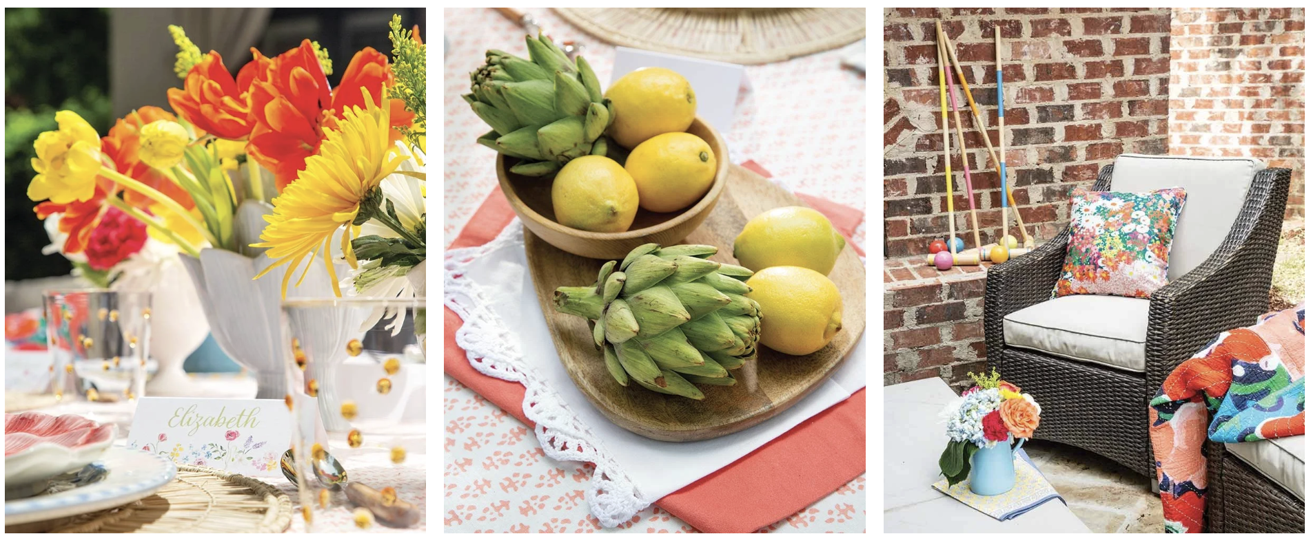 Styled photoshoot for The Cottage Journal by Lily Perno. Featuring a colorful tablescape with a block print linen, custom placecards, bright florals. A mix of prop, food and exterior styling.