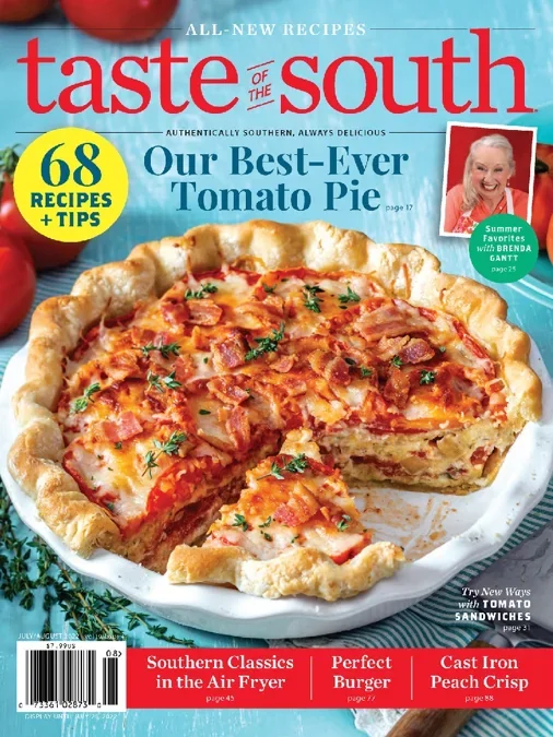 Magazine cover titled 'Taste of the South' featuring a large tomato pie with a slice removed, green herbs on top, and a blue background. Includes headlines about recipes and tips, and a small photo of a woman in the top right corner.