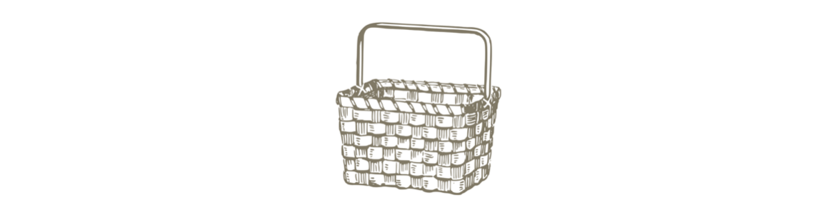 Line drawing of a woven picnic basket with a handle.