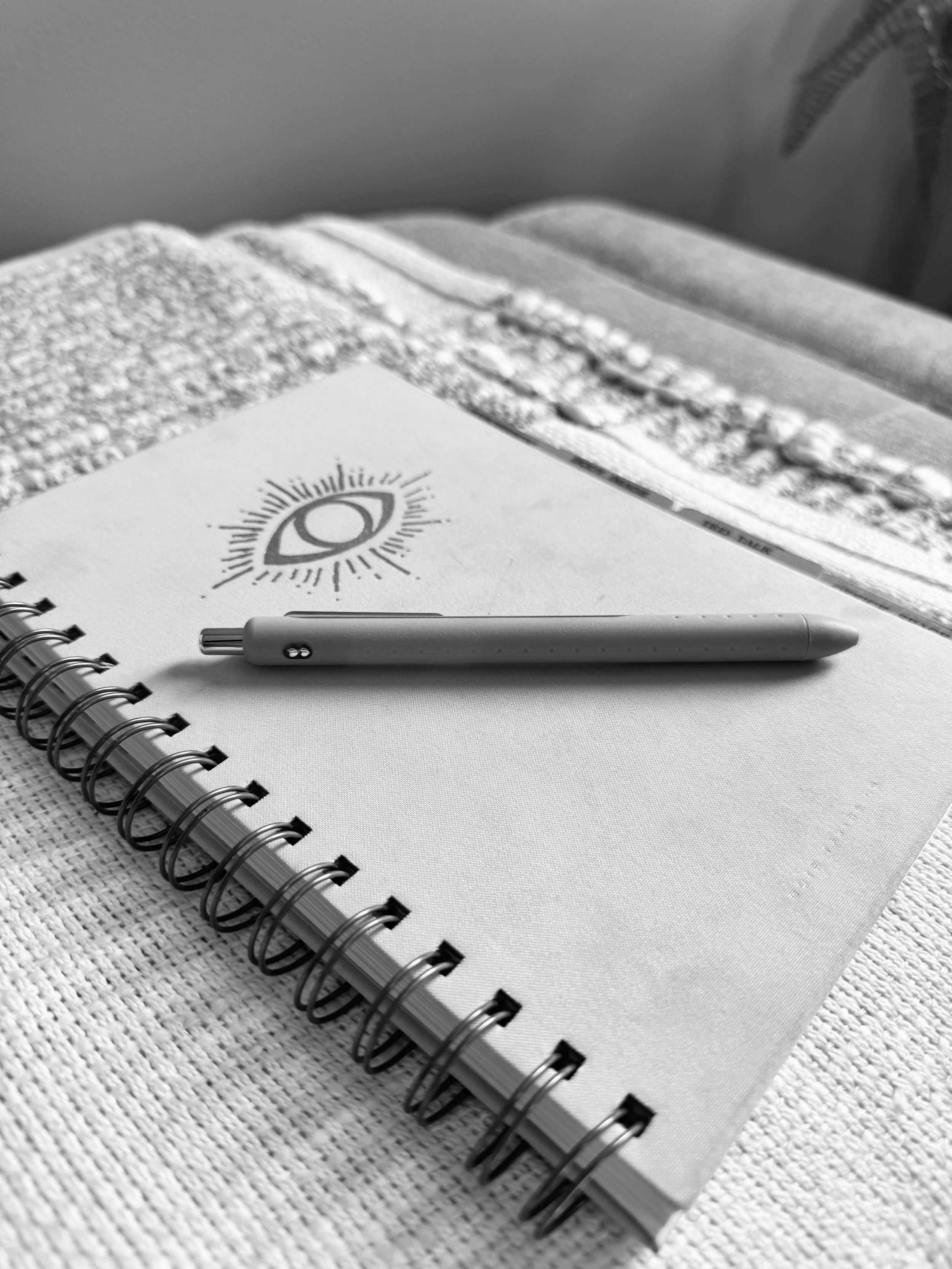 A spiral-bound notebook with a pen resting on top. The page has a drawing of an eye surrounded by radiating lines, placed on a textured surface, with a blanket or cloth partially visible and a potted plant in the background.