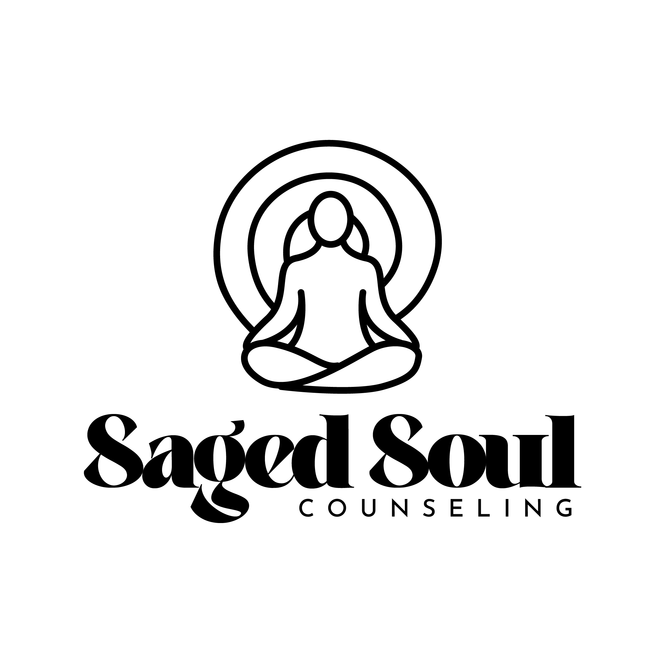 Black and white image of a person in a seated position with a labyrinth in the background