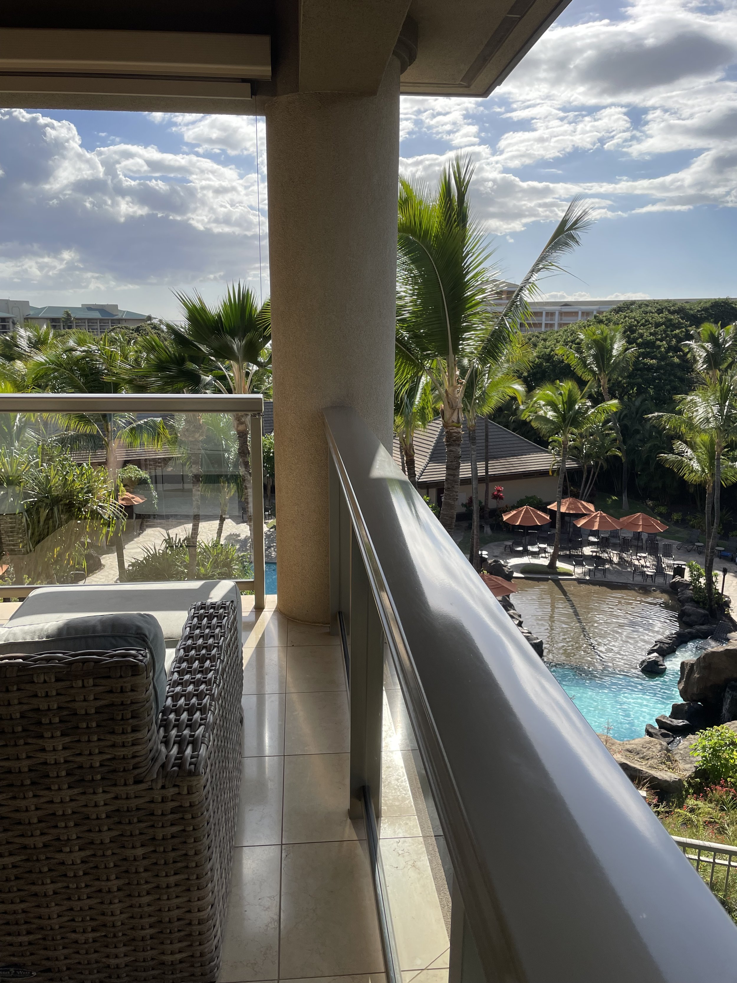 View from a balcony overlooking a swimming pool surrounded by palm trees at a resort on a sunny day