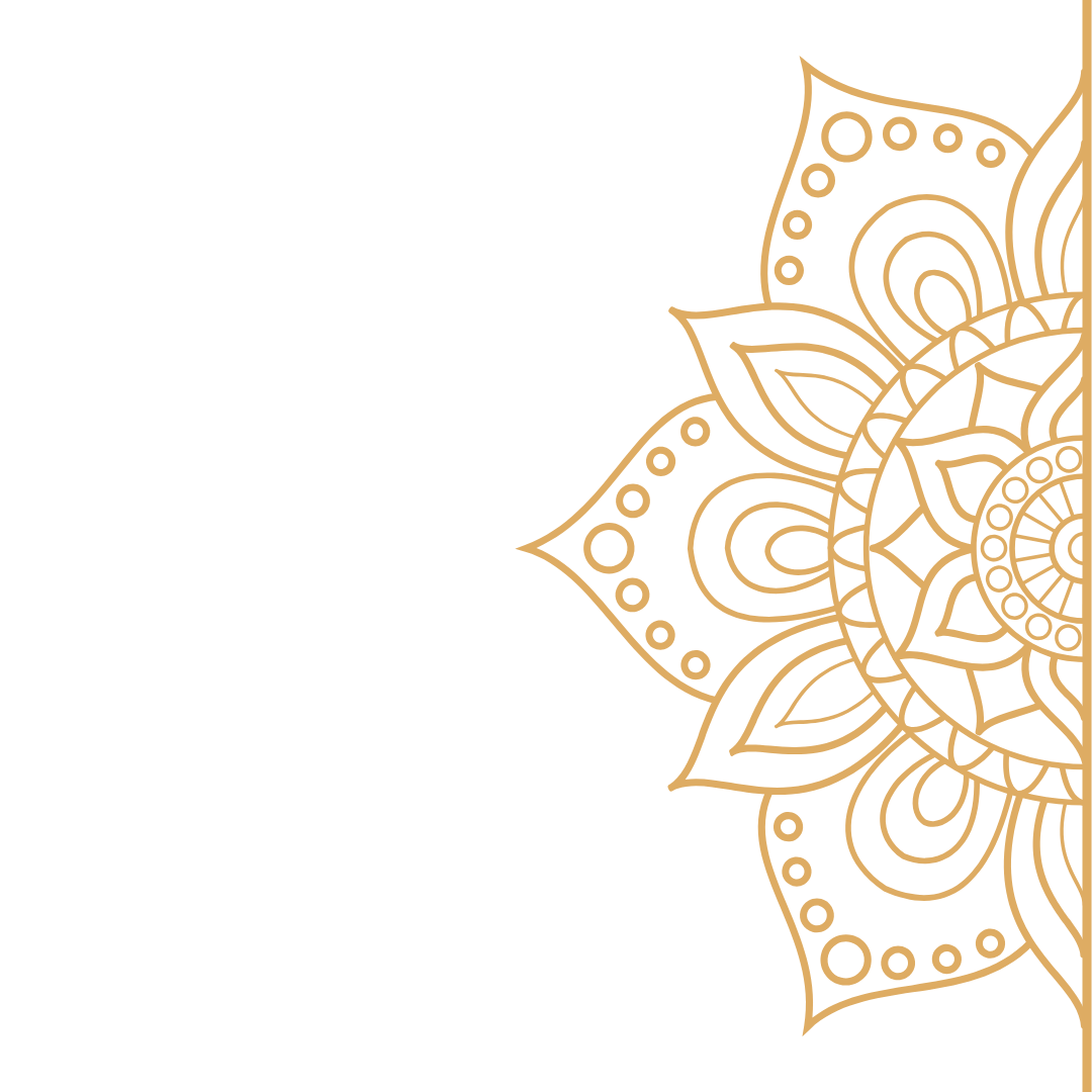 Decorative gold mandala on black background with intricate patterns and floral designs.