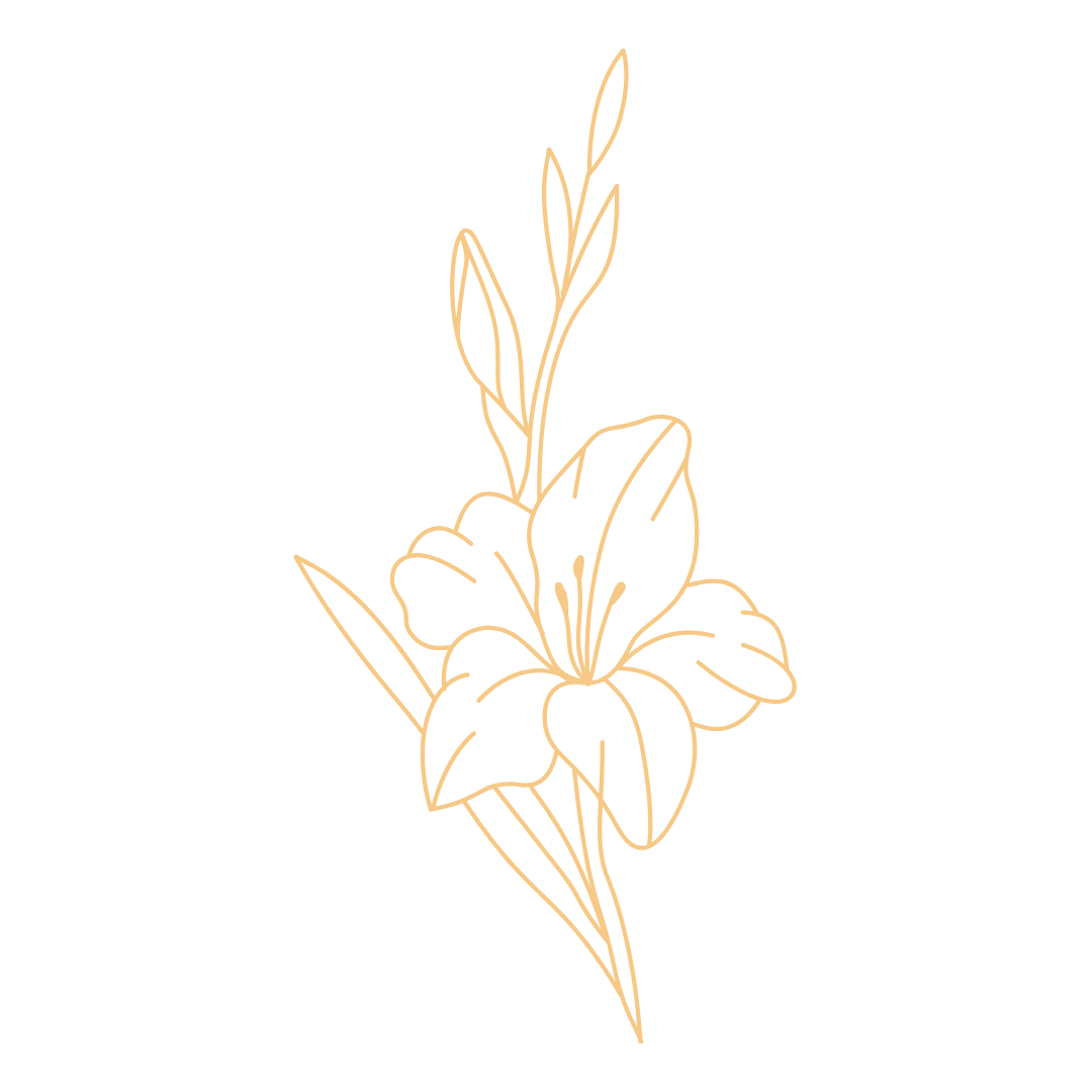 Golden line drawing of a flower with leaves on a black background.