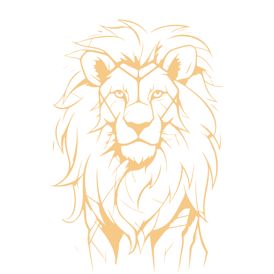 Line art illustration of a lion's face with a flowing mane on a black background.