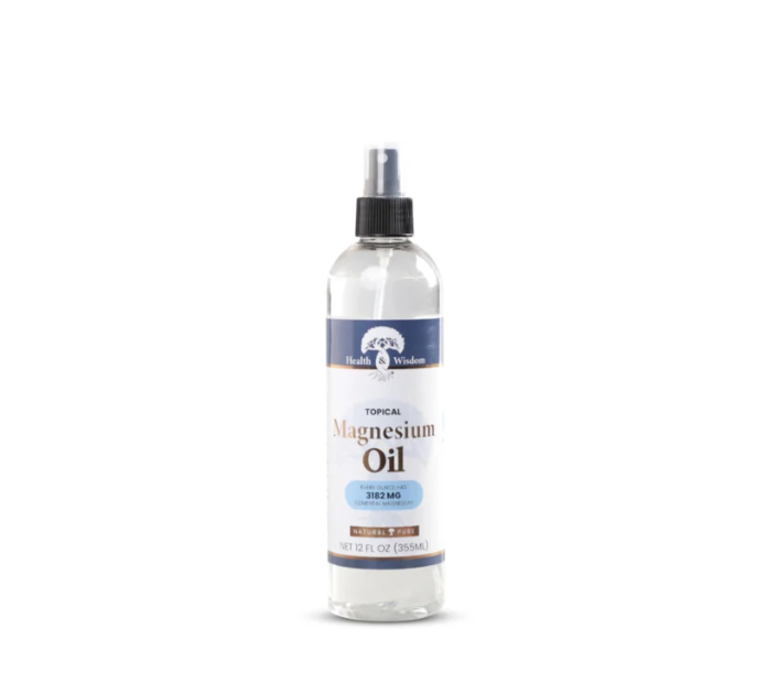 Bottled magnesium oil spray with a black spray nozzle and white label.