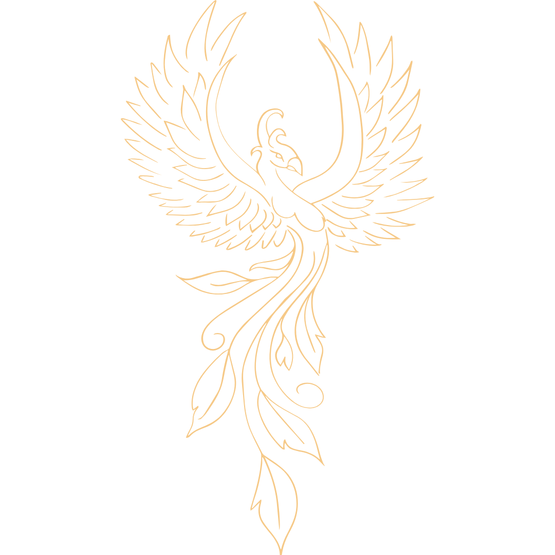 Outline drawing of a phoenix with large wings and a long flowing tail, in gold lines on a black background.