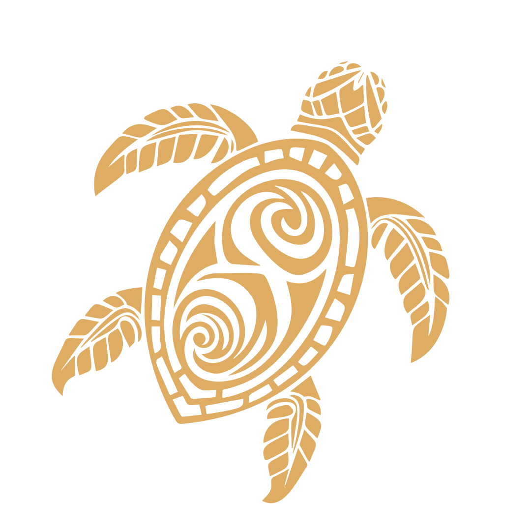 Stylized turtle with spiral patterns and leaf details on a black background.