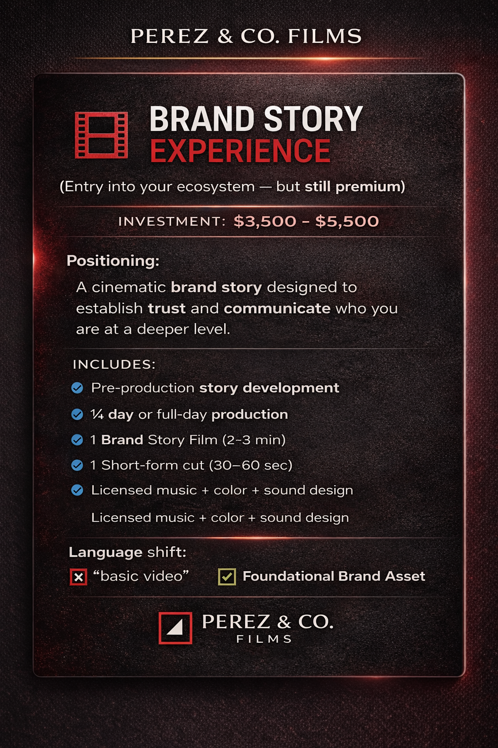 A promotional poster for Perez & Co. Films highlighting their 'Brand Story Experience' service, which costs between $3,500 and $5,500. The service includes story development, production, a short film, a short cut, and music design, aimed at establishing trust and communication through cinematic storytelling.