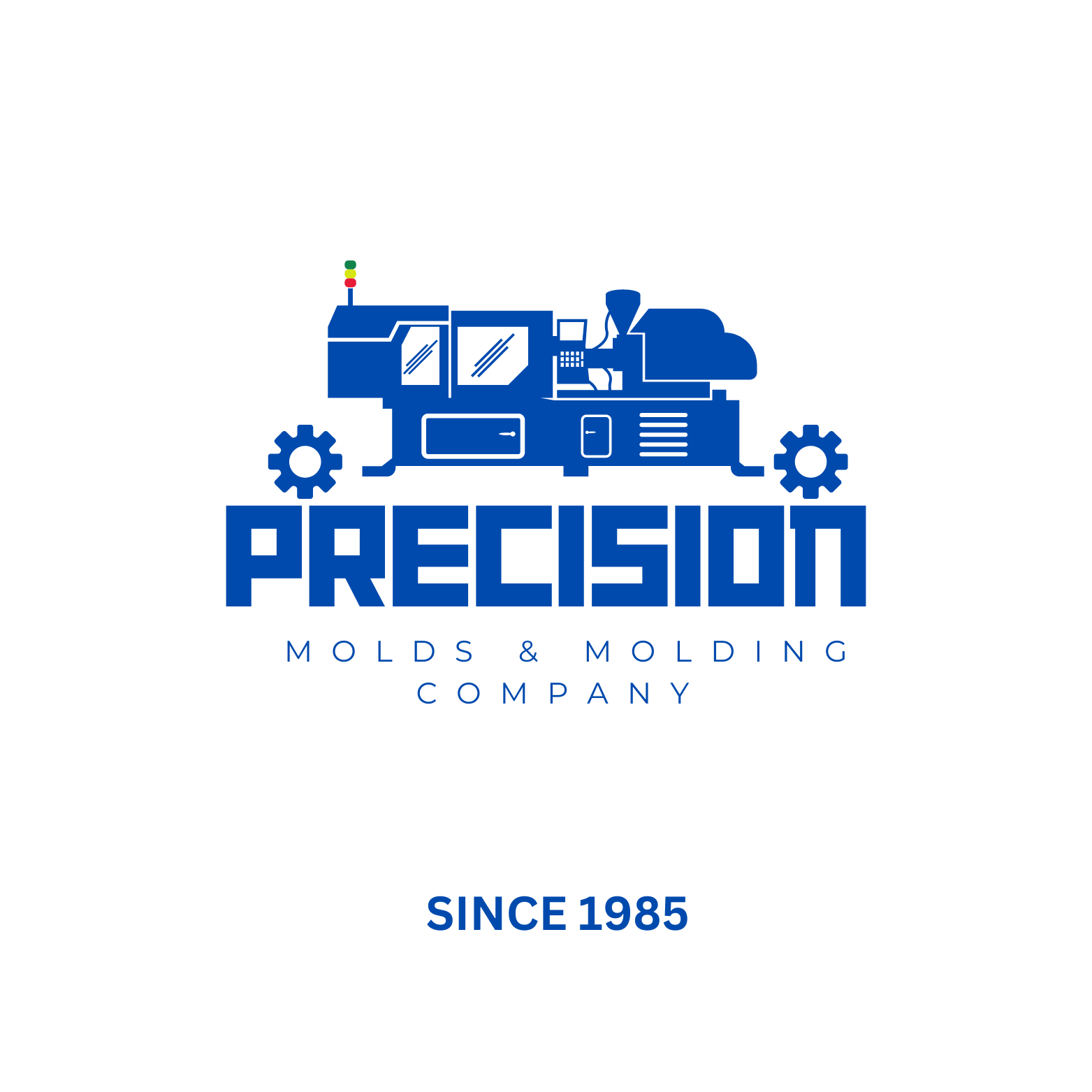 Logo for Precision Molds & Molding Company featuring a blue machine and gears, with the text "PRECISION" and "SINCE 1985".