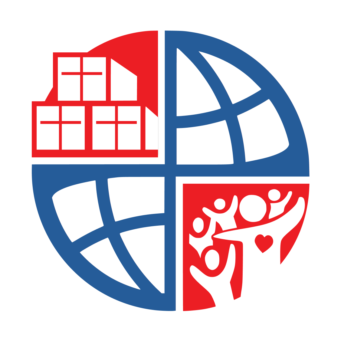 A circular graphic divided into four quadrants, featuring a red and blue design. The top left quadrant has red boxes resembling stacked containers, the top right depicts a stylized blue globe, the bottom left shows a blue globe, and the bottom right has abstract figures with a heart symbol.