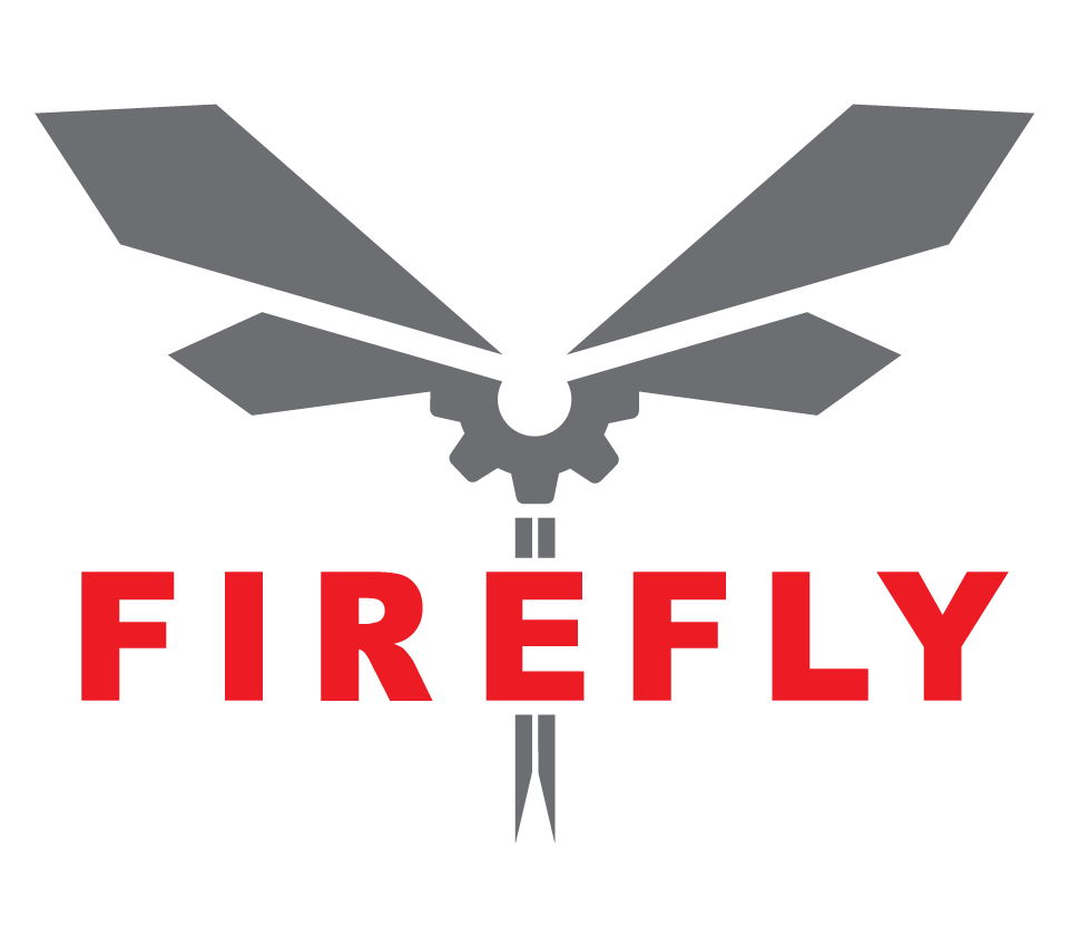 A gray logo featuring a drone with four propellers, a central gear, and a missile underneath, with the word "FIREFLY" in bold red letters below.