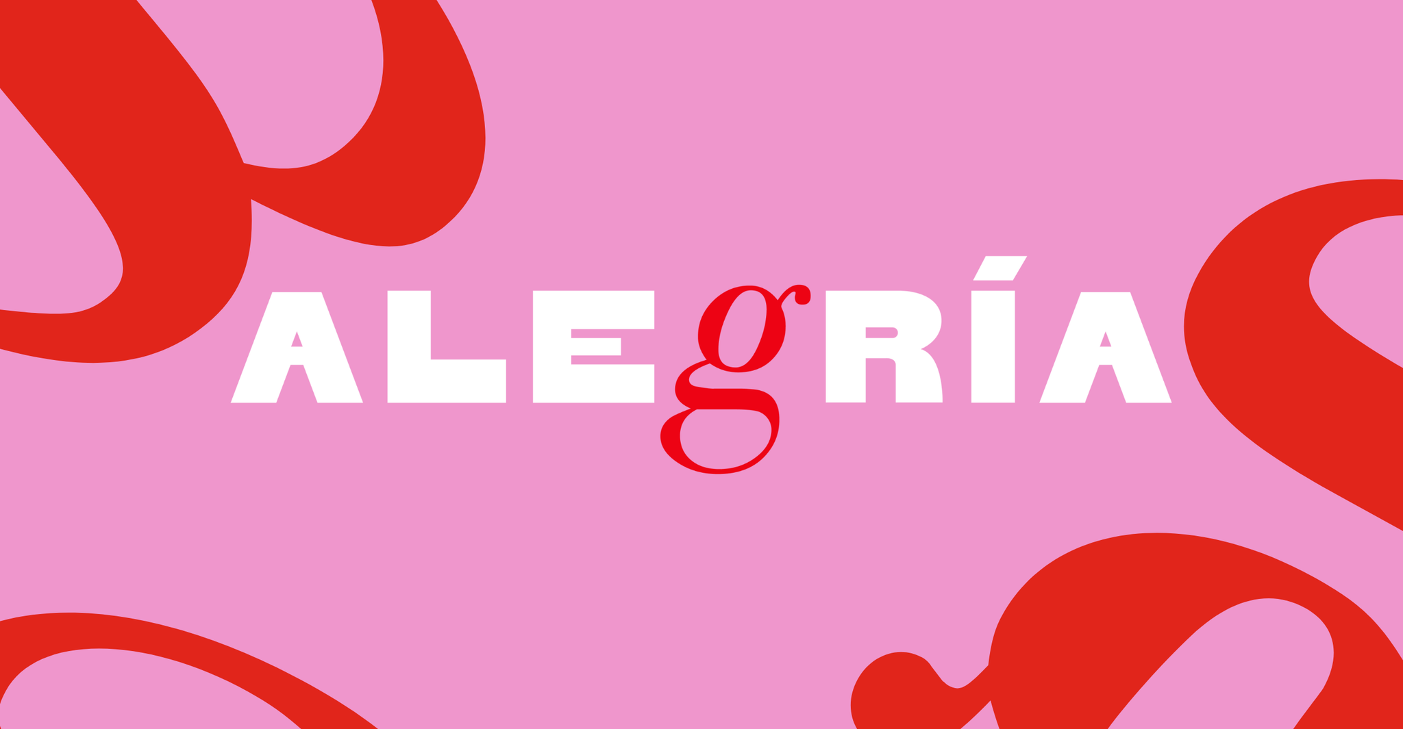 Pink background with red decorative swirls, the word "ALEGRÍA" in white with a red lowercase "g" in the middle.