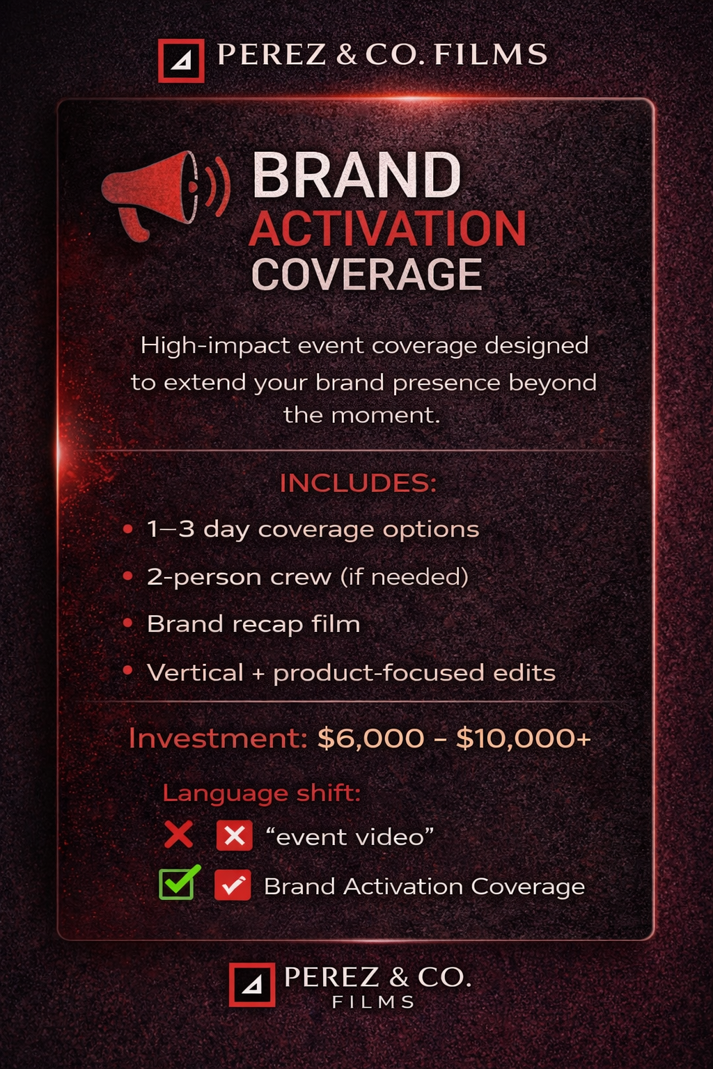 Information poster for Perez & Co. Films on brand activation coverage, detailing features, costs, and language tips.