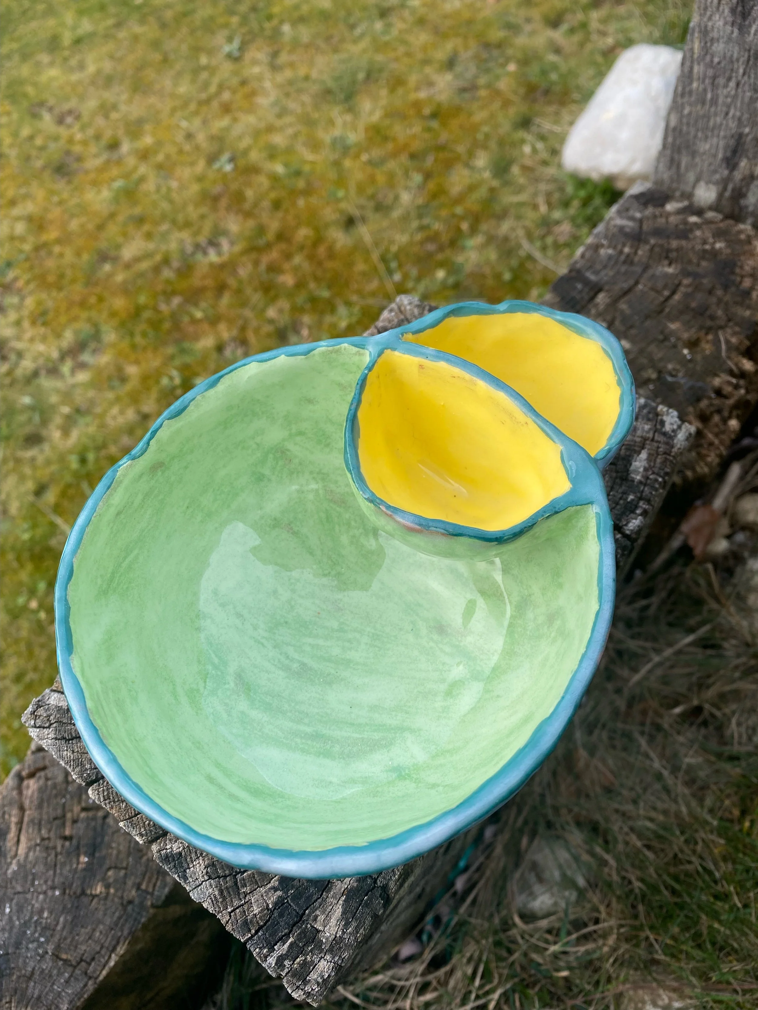 Bol en céramique vert avec deux compartiments jaunes, posé sur une vieille poutre en bois, en extérieur dans un environnement naturel avec de l'herbe et des rochers.
