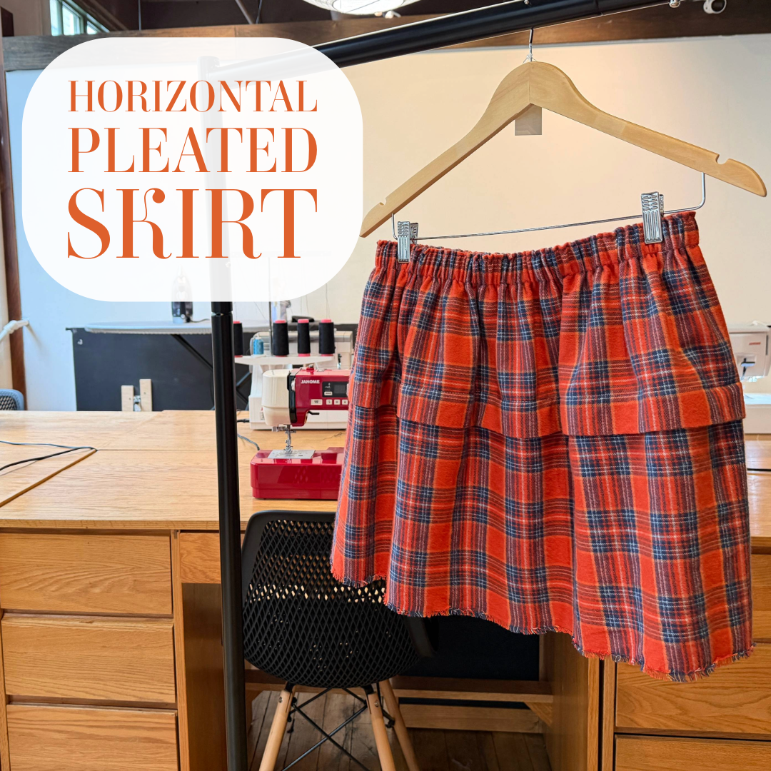 In this 2.5 hour confident beginner class students will make a elastic waistband skirt with a horizontal pleat. Skills learned include hemming, edge stitching, pleating, and more!
