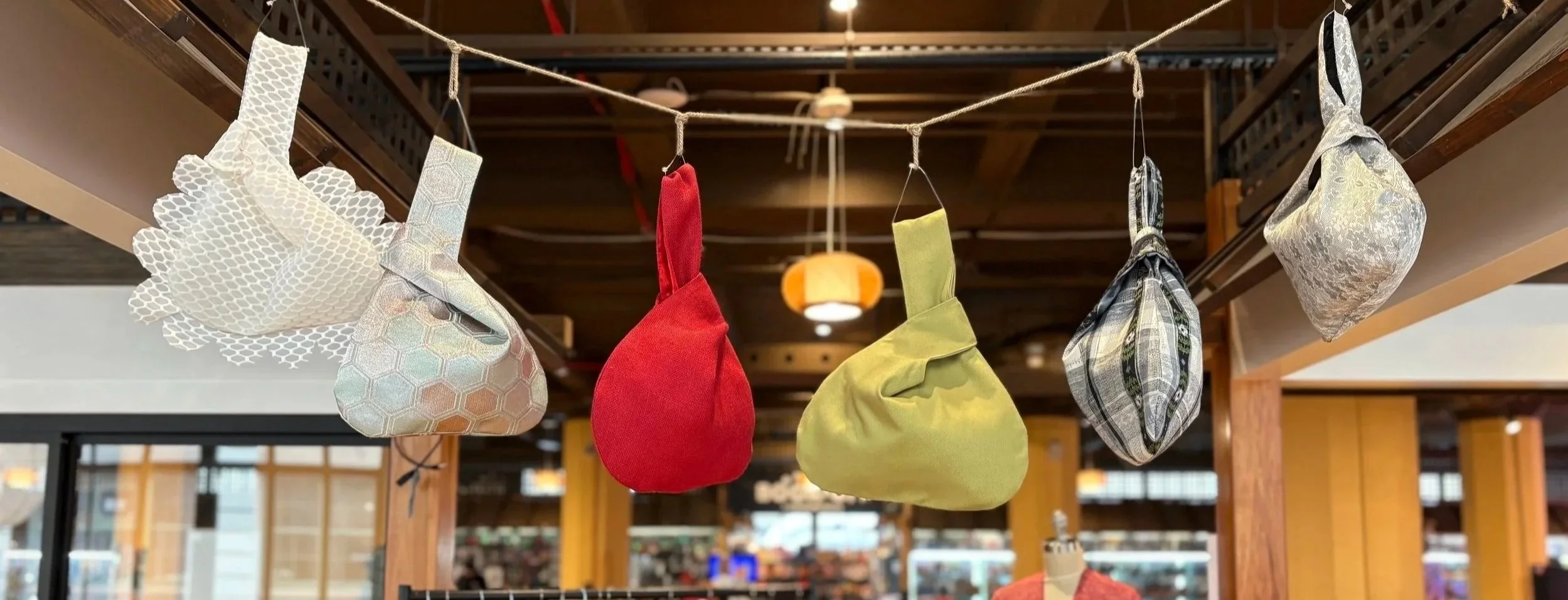 Display of Japanese knot bags made at SEW MaNIA