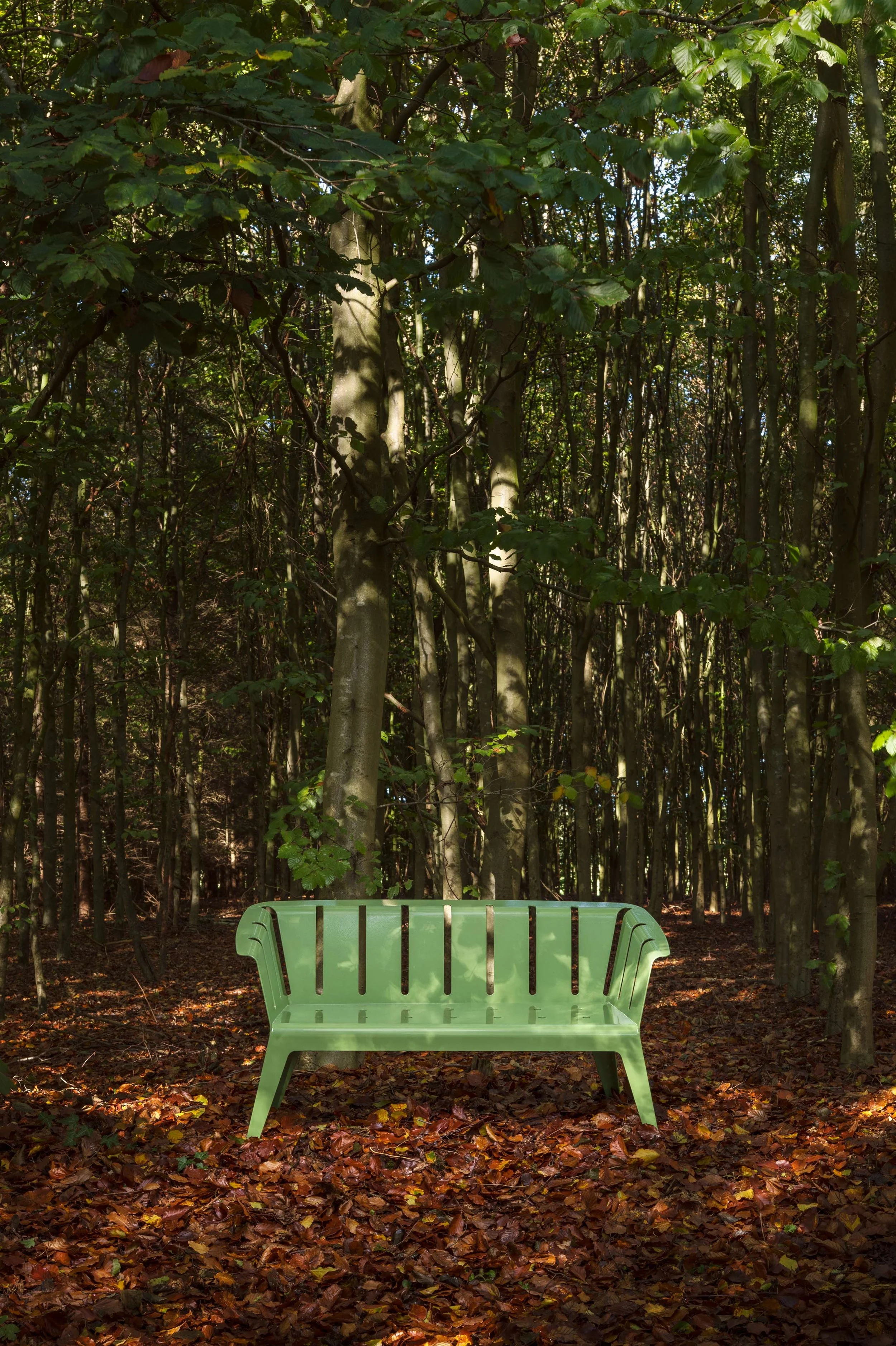 Eine grüne Parkbank auf einem vermoosten Waldboden, umgeben von Bäumen mit viel Laub, im Schatten der Blätter, bei Tageslicht.
