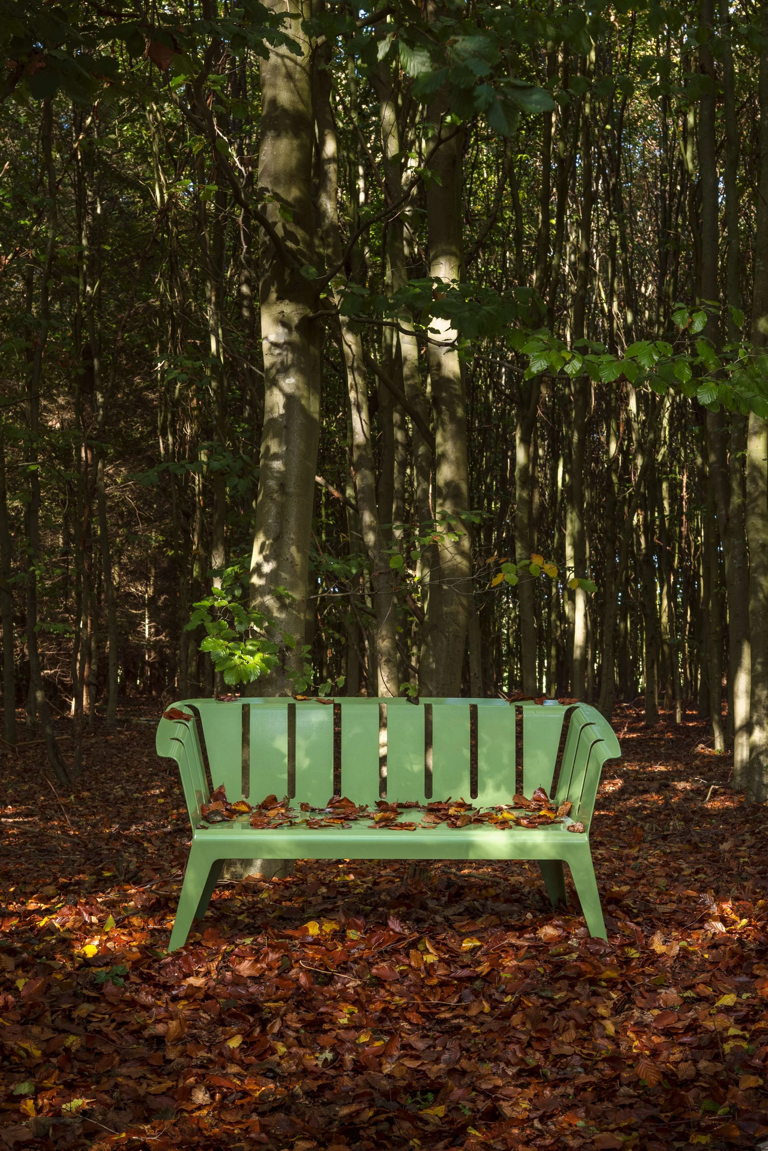 Grüner Parkbank im herbstlichen Wald, bedeckt mit braunen Laubblättern, umgeben von Bäumen mit Sonnenlicht durch das Blätterdach.